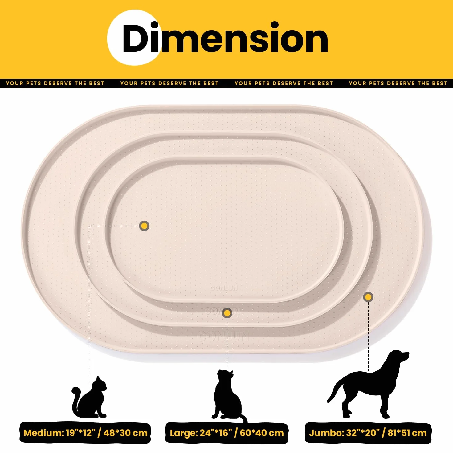 Conlun Tapis Gamelle Chat avec Rebords Surélevés de 1,2 cm pour Contenir Les Déversements, Tapis Gamelle Chien en Silicone sans BPA pour Gamelles d'eau et de Nourriture pour Animaux(Beige,48x30 cm)