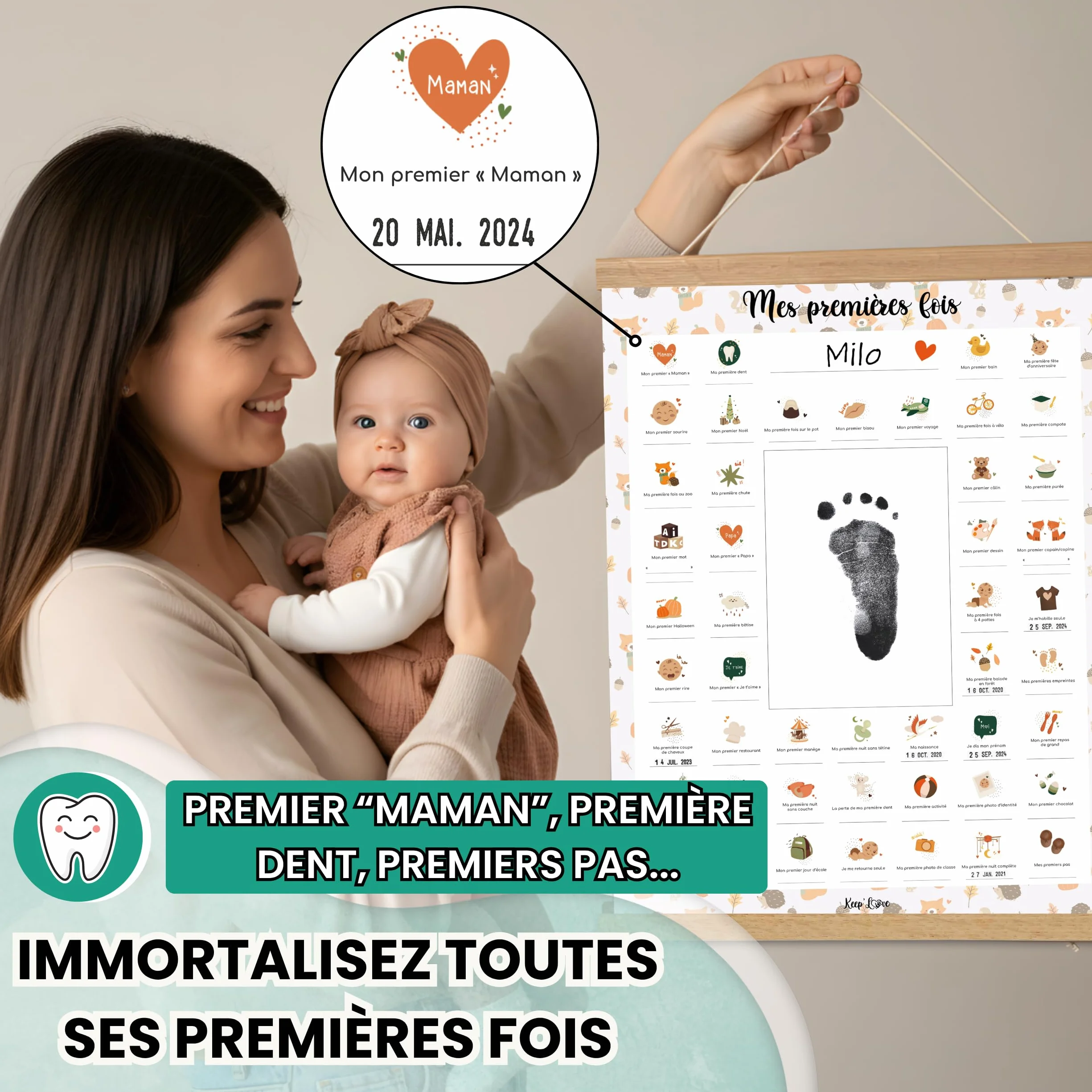 Pack Affiche "Mes Premières Fois" à Tamponner + Tampon Dateur + Baguettes de Suspension - Cadeau de Naissance, Décoration Chambre Bébé, Grand Format A3 (Modèle Renard)