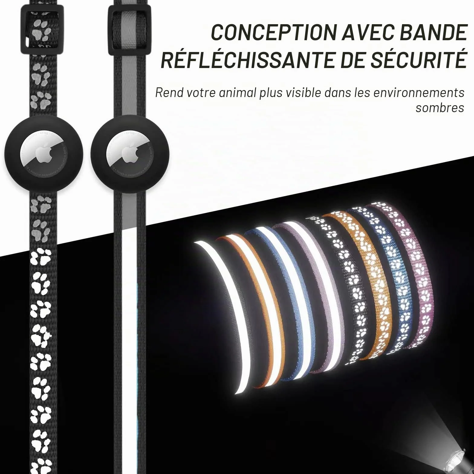 LAFAYI 2 Pack Collier Chat Réfléchissant Anti étranglement Réglable Compatible Airtag Apple Noir