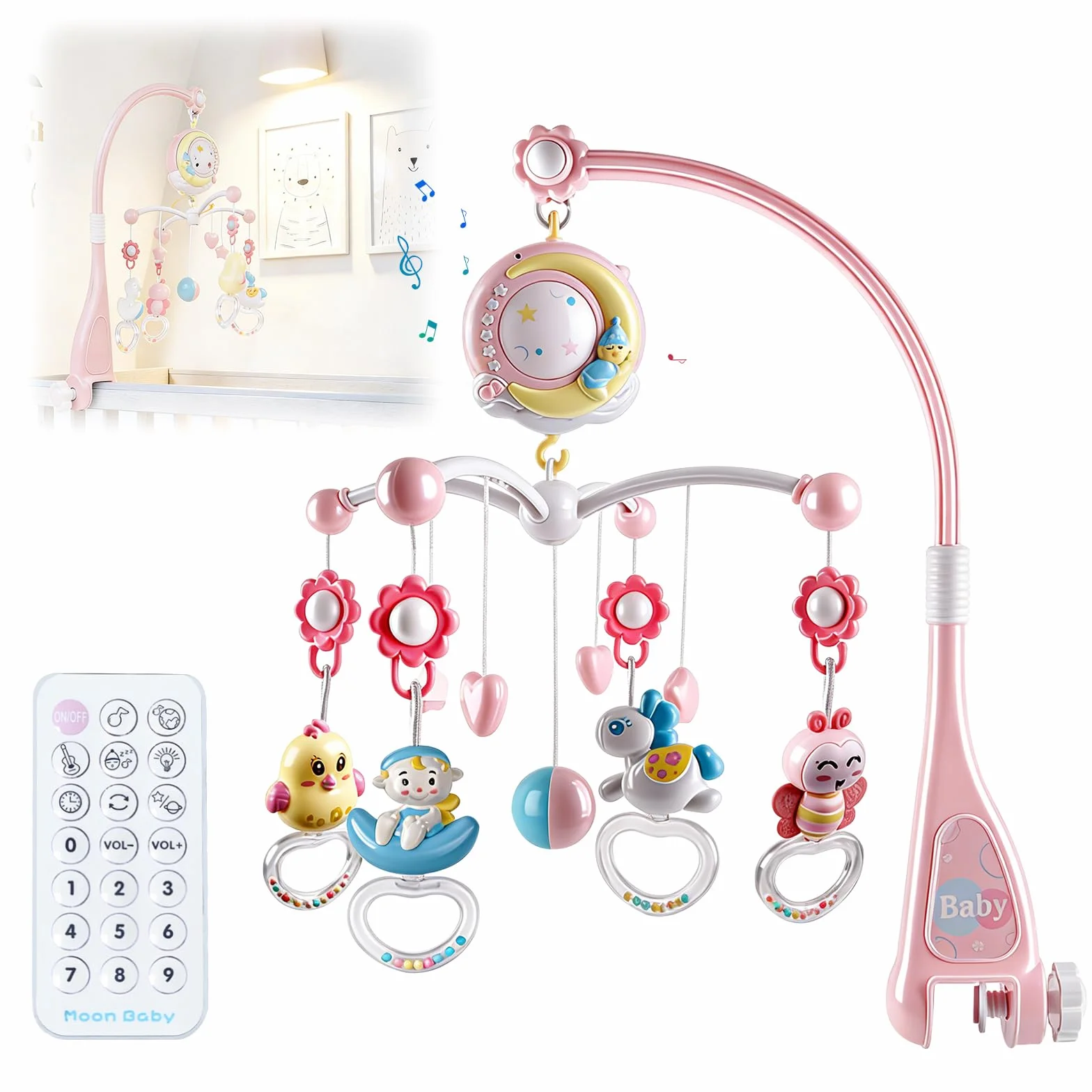 Mobile Musical Lit Bébé avec Veilleuse et Projecteur, 150 Berceuses, Hochets Rotatifs, Boîte à Musique, Télécommande