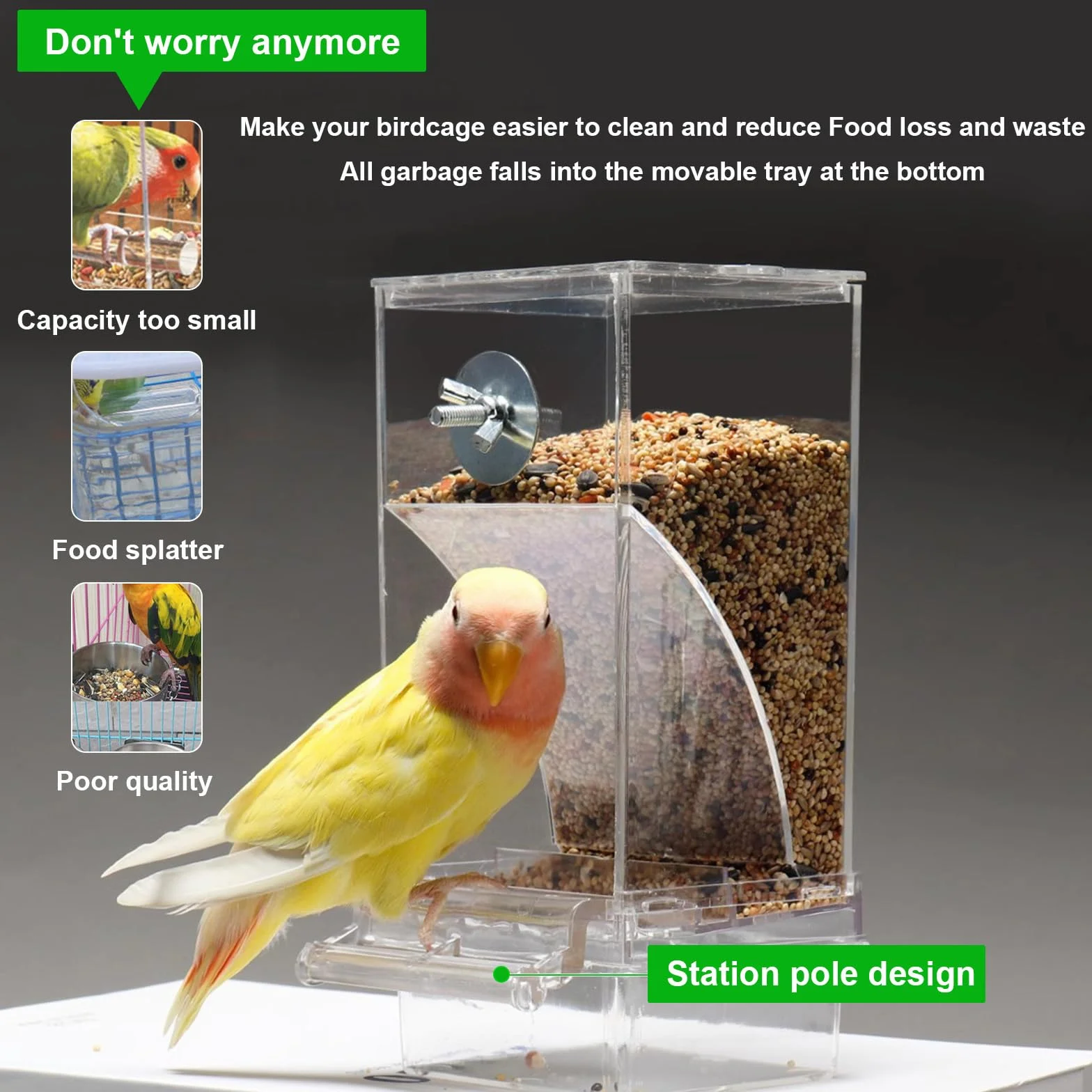 Mangeoire Automatique pour Oiseaux Transparent avec Bac de Récupération des Graines