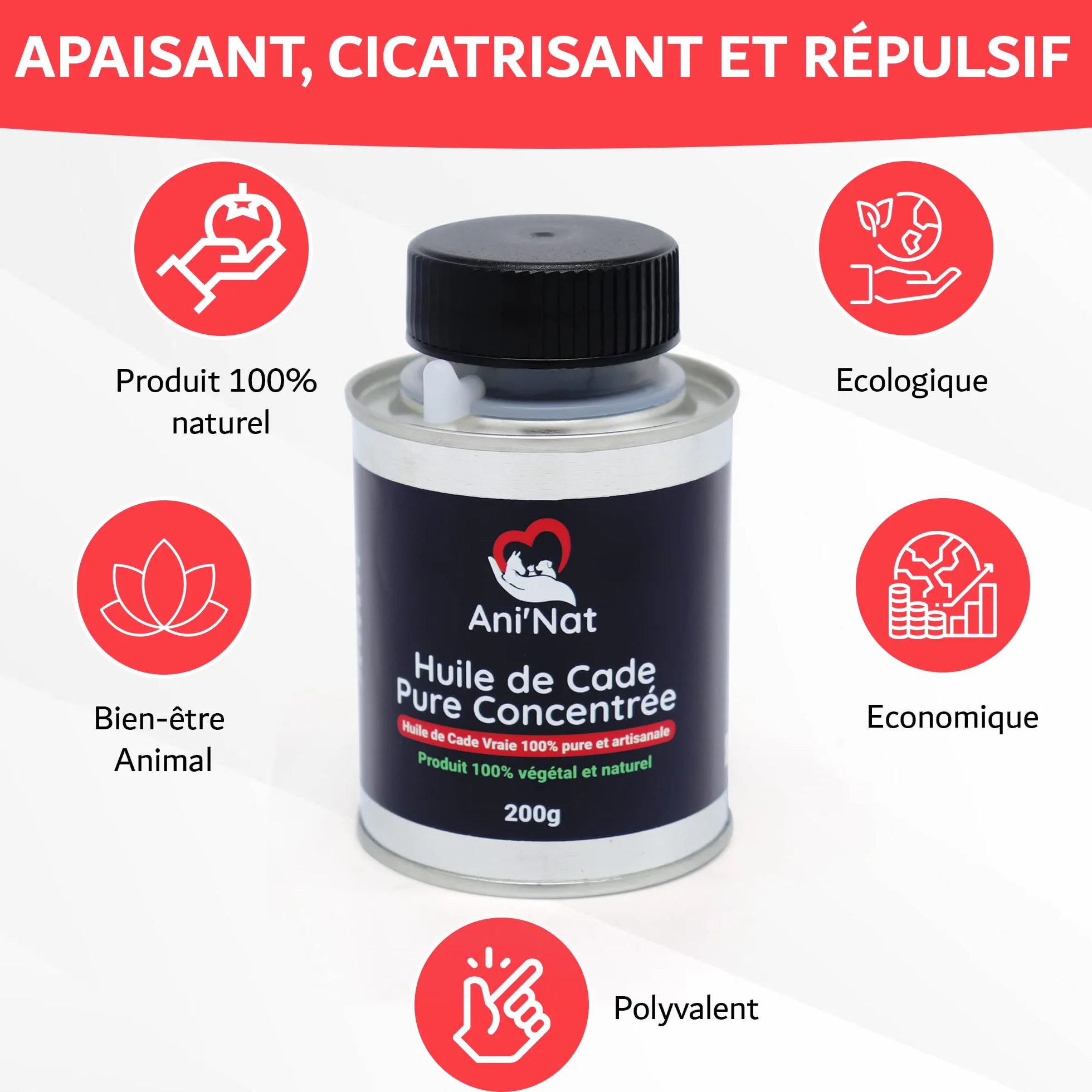 AniNat Huile de Cade Pure Concentrée 100% Naturelle - Soin Pattes Poules, Sabots Chevaux, Dermite - Pot 200g
