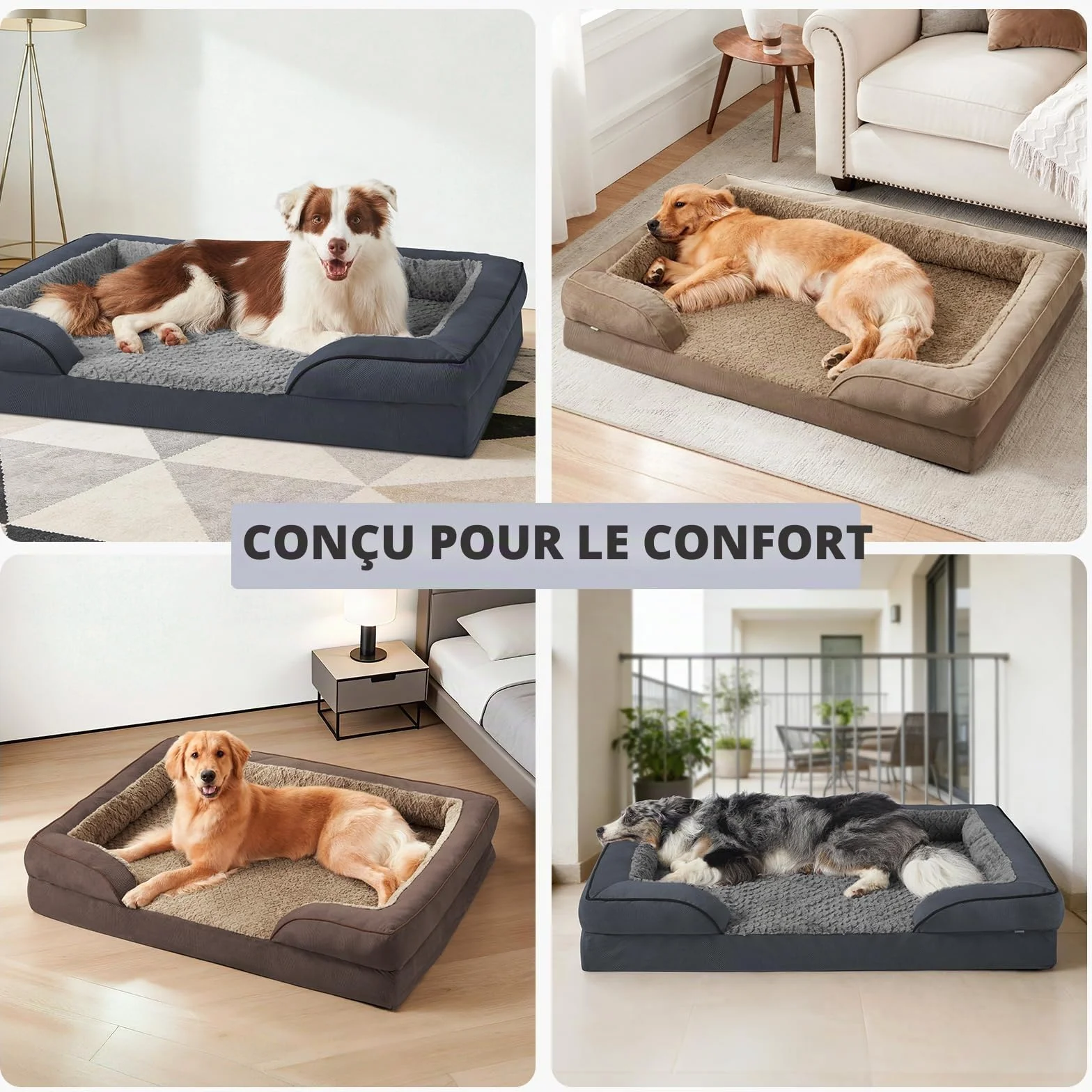 JOEJOY Panier Chien Grande Taille Orthopedique Memoire de Forme Lit pour Chien Dehoussable Lavable Coussin Nid d'abeille Imperméable Gris Foncé