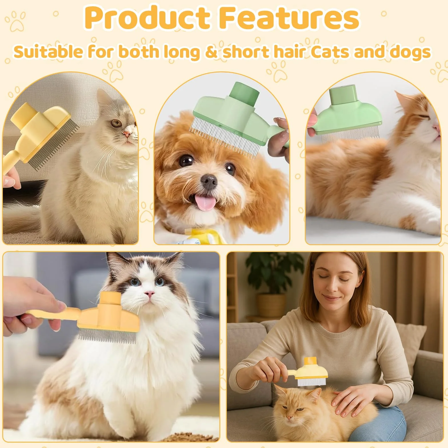 Lot de 2 peignes autonettoyants pour chat - Brosse à poils longs et courts - Orange et vert
