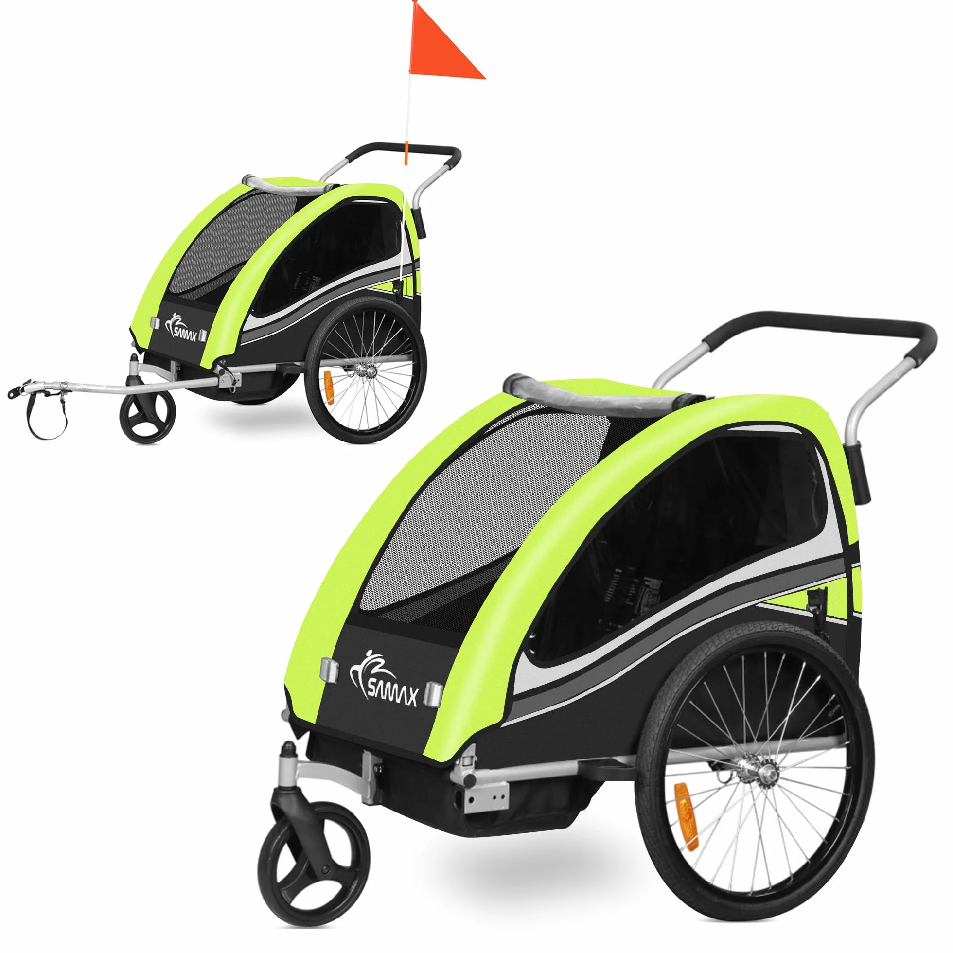 SAMAX Remorque Vélo Convertible Jogger 2en1 360° Rotatif pour 2 Enfants Amortisseur Transport Poussette Vert - Black Edition
