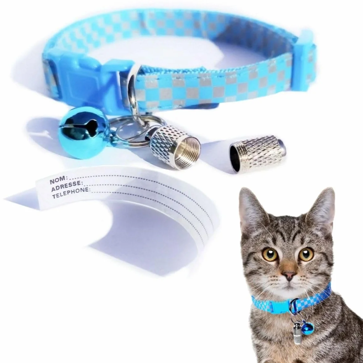 Collier Chat Anti-Étranglement Réfléchissant Bleu à Carreaux Waldoly Sérénité avec Étui Détachable pour Étiquette Personnalisée et Clochette Amovible