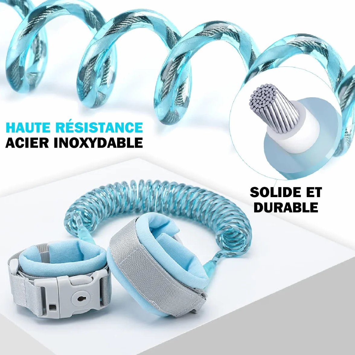 Bracelet Enfant Sécurité BLEU 2m - Laisse Enfant Poignet, Harnais Poussette