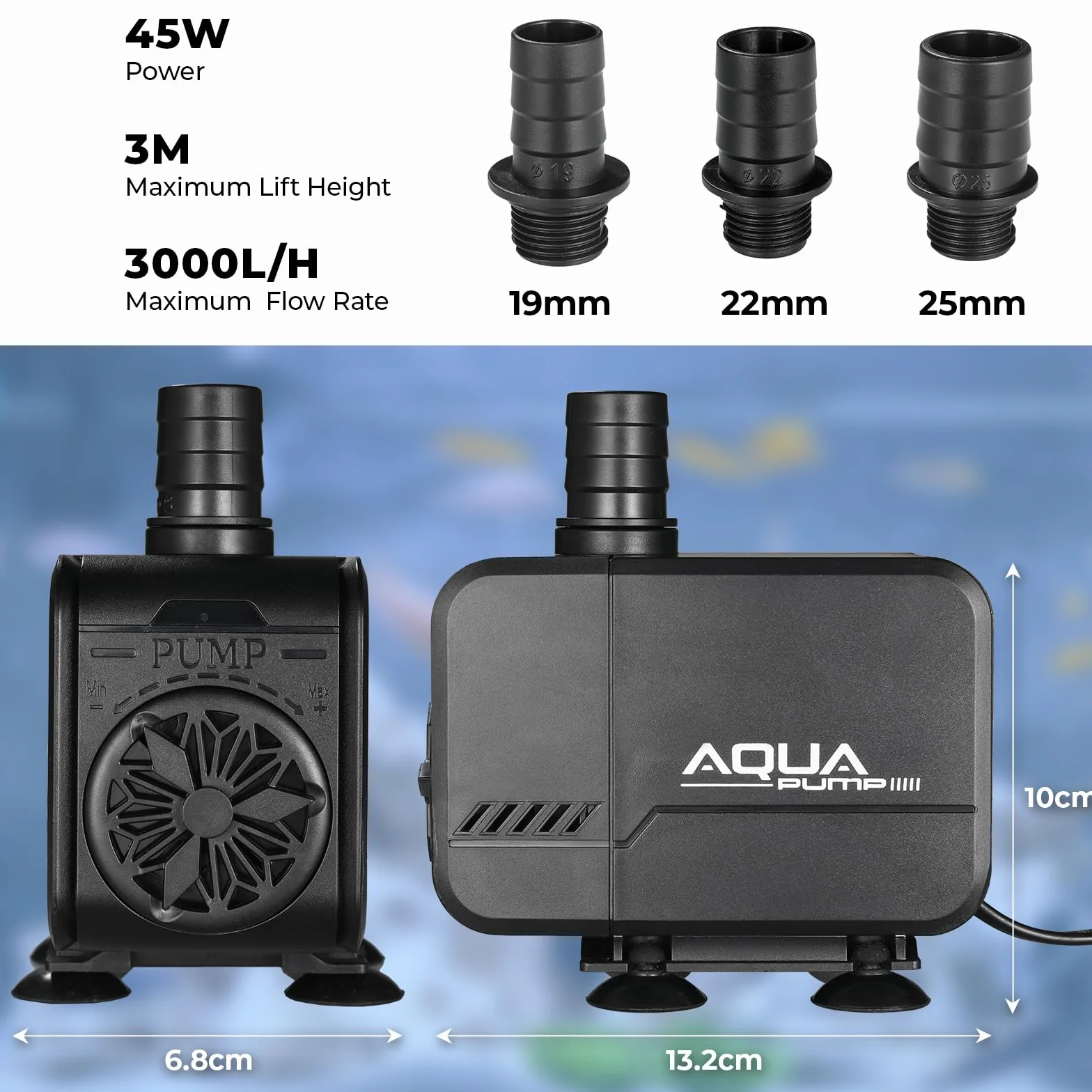 Pompe Eau Submersible 45W 3000L/H Débit Réglable avec Filtre 3 Buses 19mm/22mm/25mm Hauteur Refoulement 3M