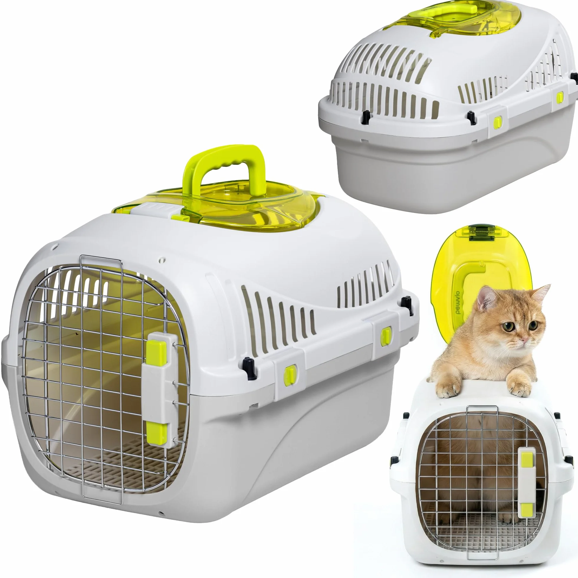 Safy Boîte de Transport Rigide pour Chat avec Porte en Métal, Double Sécurité et Ventilation, Rabat de Visualisation Supérieur, Poignée Escamotable, Grille Amovible