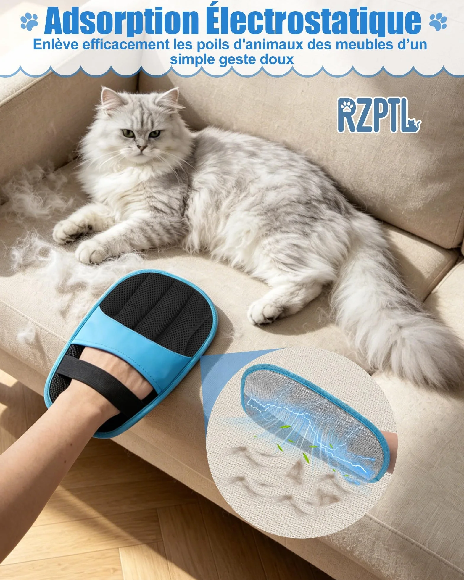 Lot de 2 Gant Anti Poils Animaux, Gant Électrostatique à Paume Antistatique pour Chats & Chiens, Réutilisable, Bleu