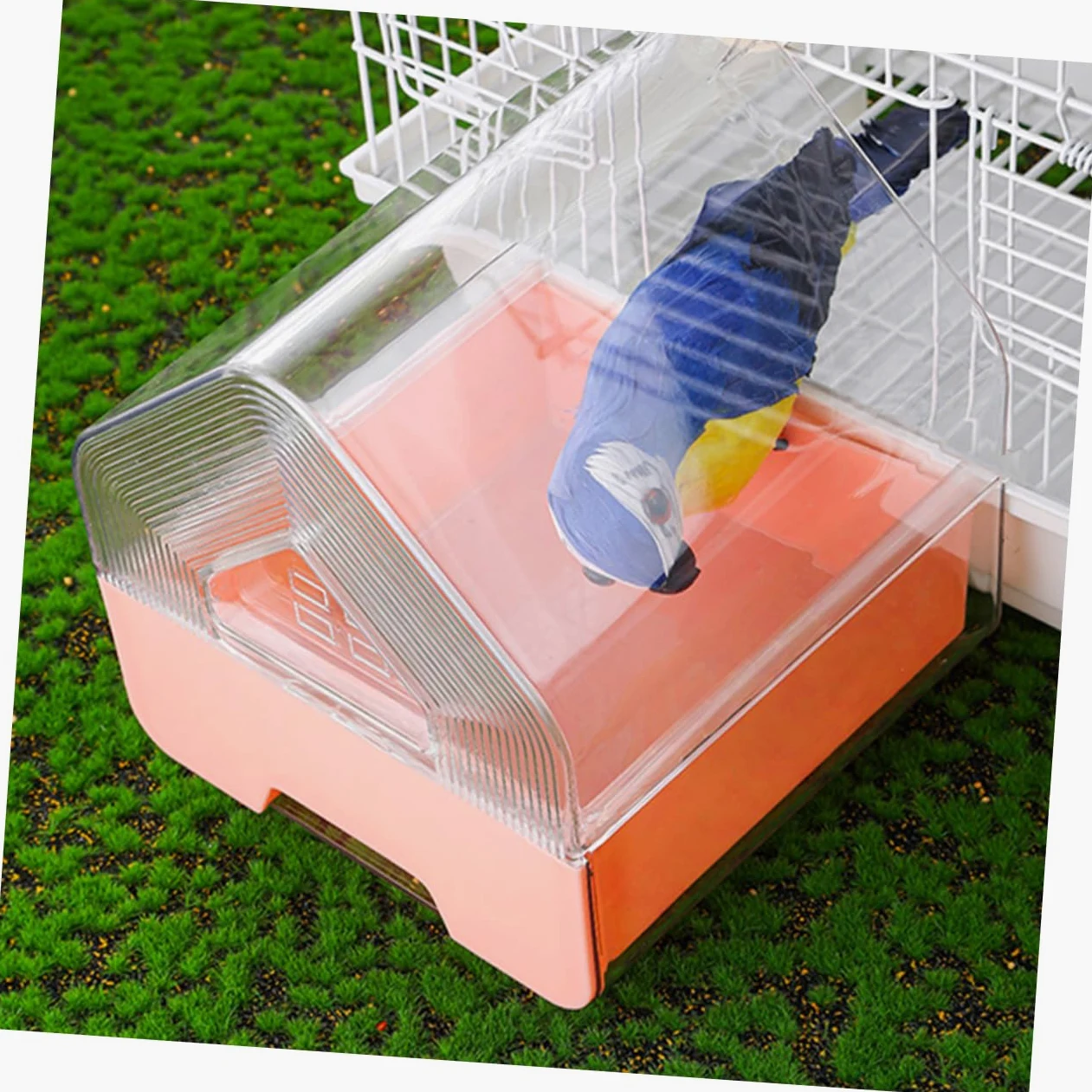 Sosoport Bain de Cage à Oiseaux avec Tiroir, Design Suspendu, 2 Pièces | Plastique, Rose et Jaune, pour Perruches et Calopsittes, Usage en Cage, Format Compact