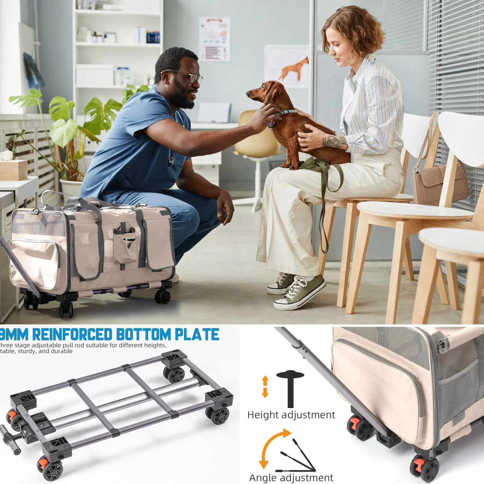 Grand sac de transport pour chats pliable sur roues 2-en-1 avec baguette magique