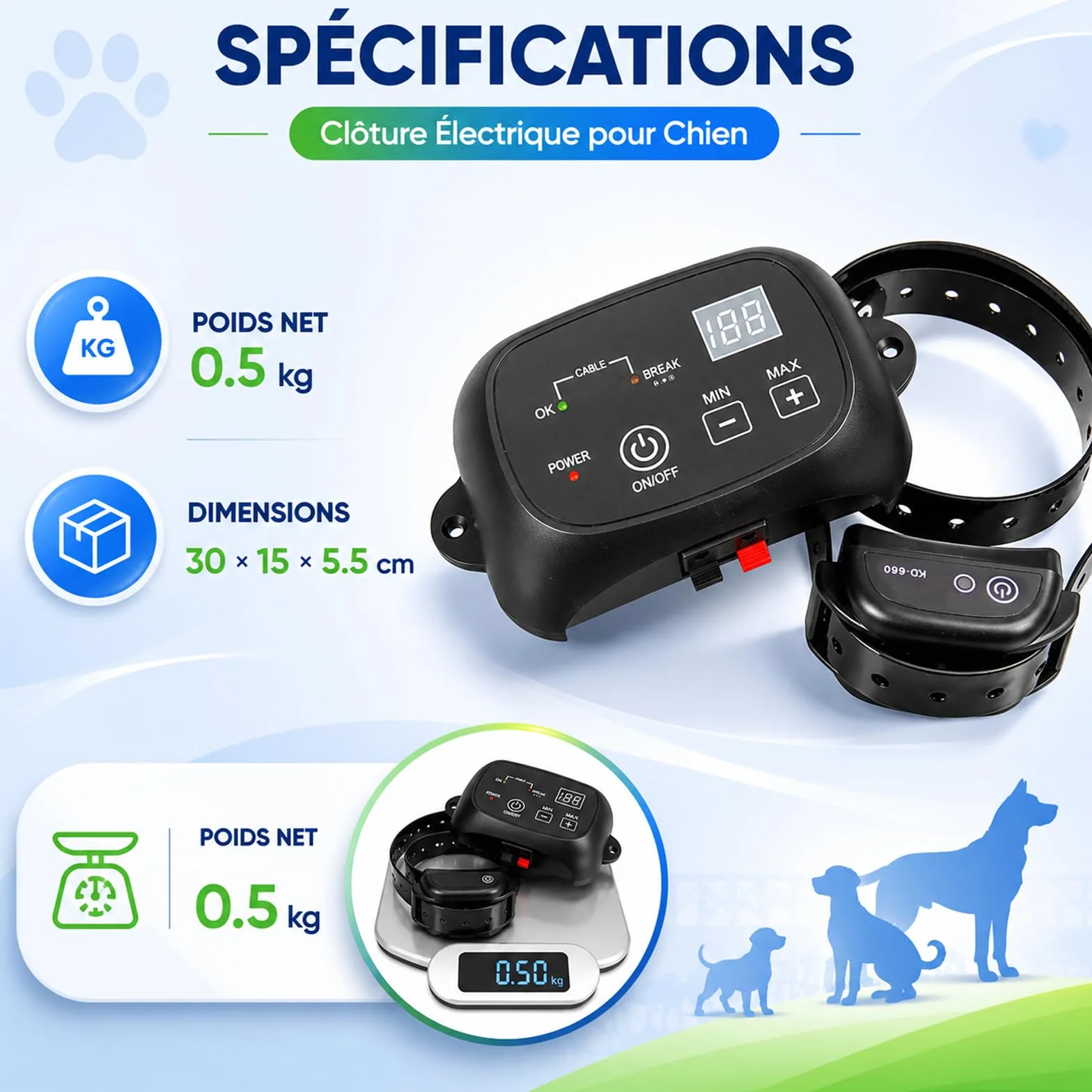 Clôture électrique pour Chien avec 2 Colliers Système de Délimitation Câble 300m 8-21 Pouces pour Jardin Extérieur