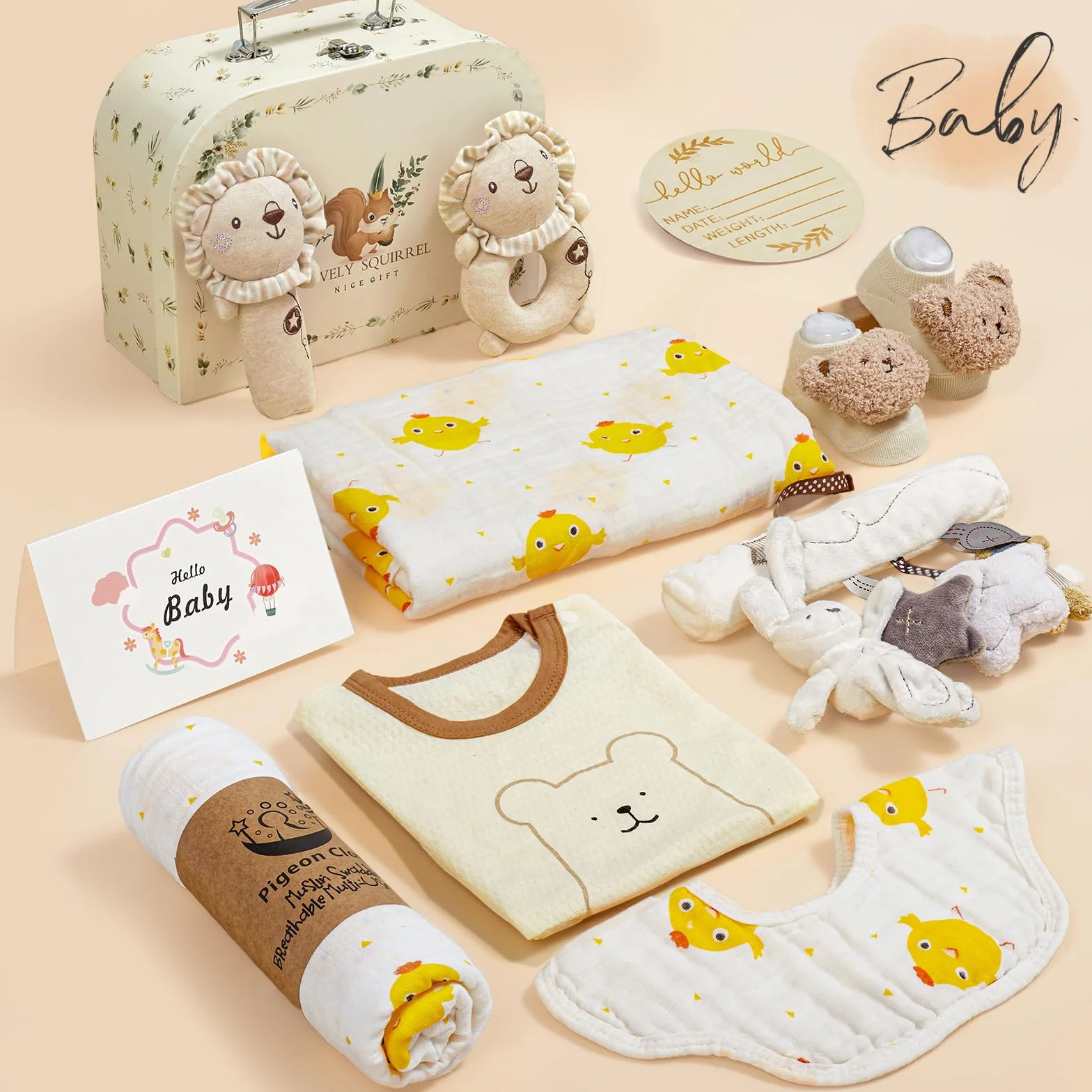 Coffret Naissance Fille Garcon avec Barboteuse Bebe Serviettes Bain Bavoir Chaussettes Hochet