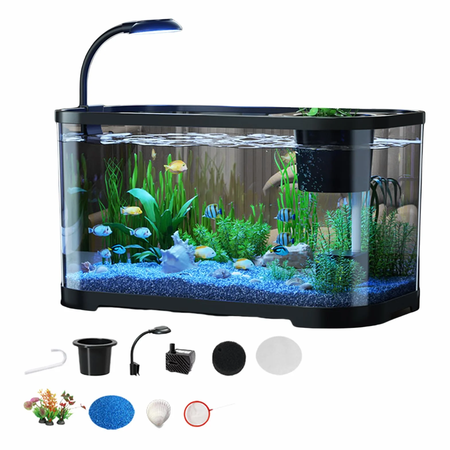Kit Démarrage Aquarium Complet Bac Poisson Combattant Débutant Bocal Décoratif Silencieux