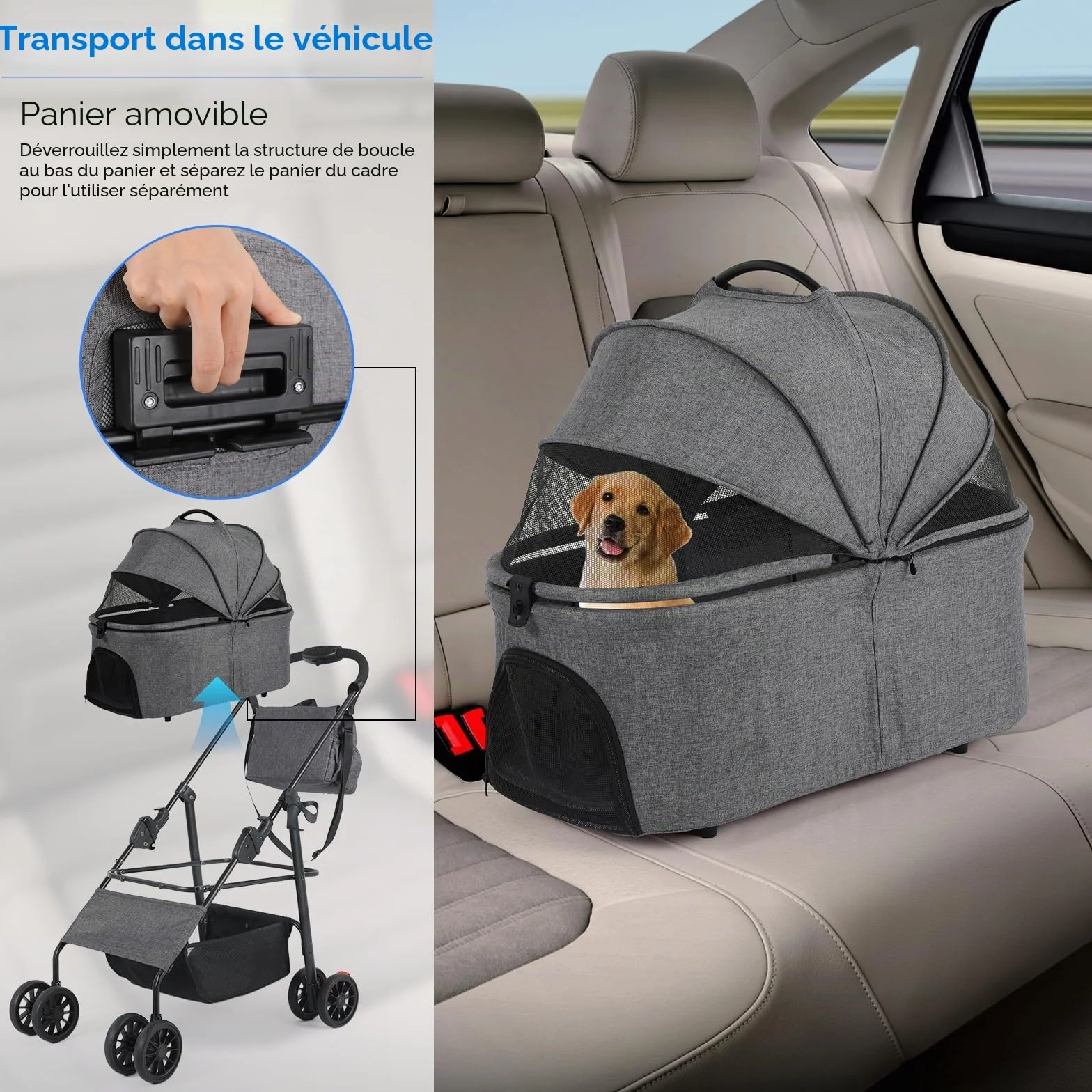 MAMIZO Poussette pour chien 3 en 1, jusqu'à 20 kg, 4 paires de roues doubles à 360 °, livrée avec un sac à bandoulière, poussette pliable pour chiens de petite/moyenne taille et chats, Gris