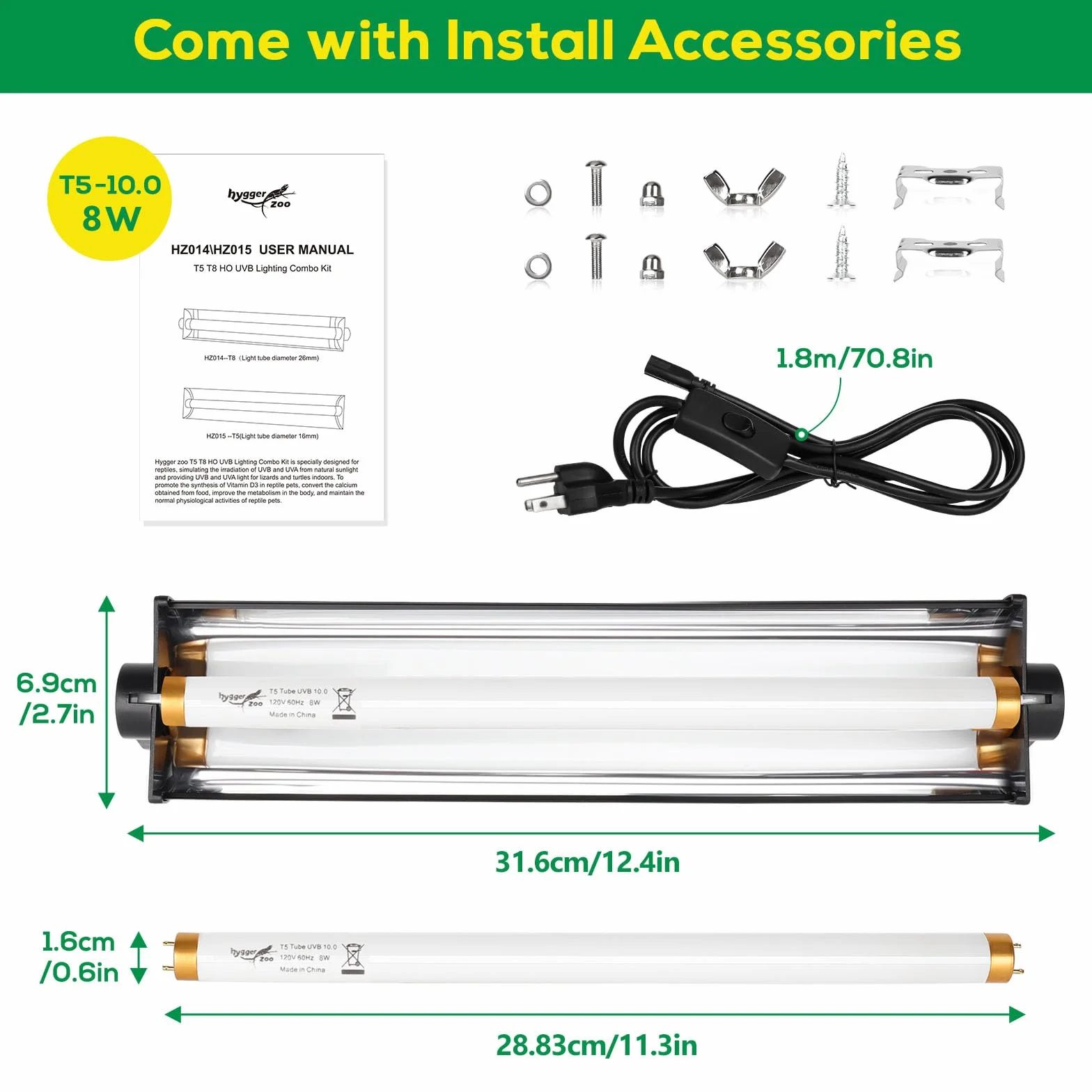 Kit d'éclairage T5 UVB pour reptiles, ampoule HO UVB 10.0, capot terrarium 8 W, 30,5 cm