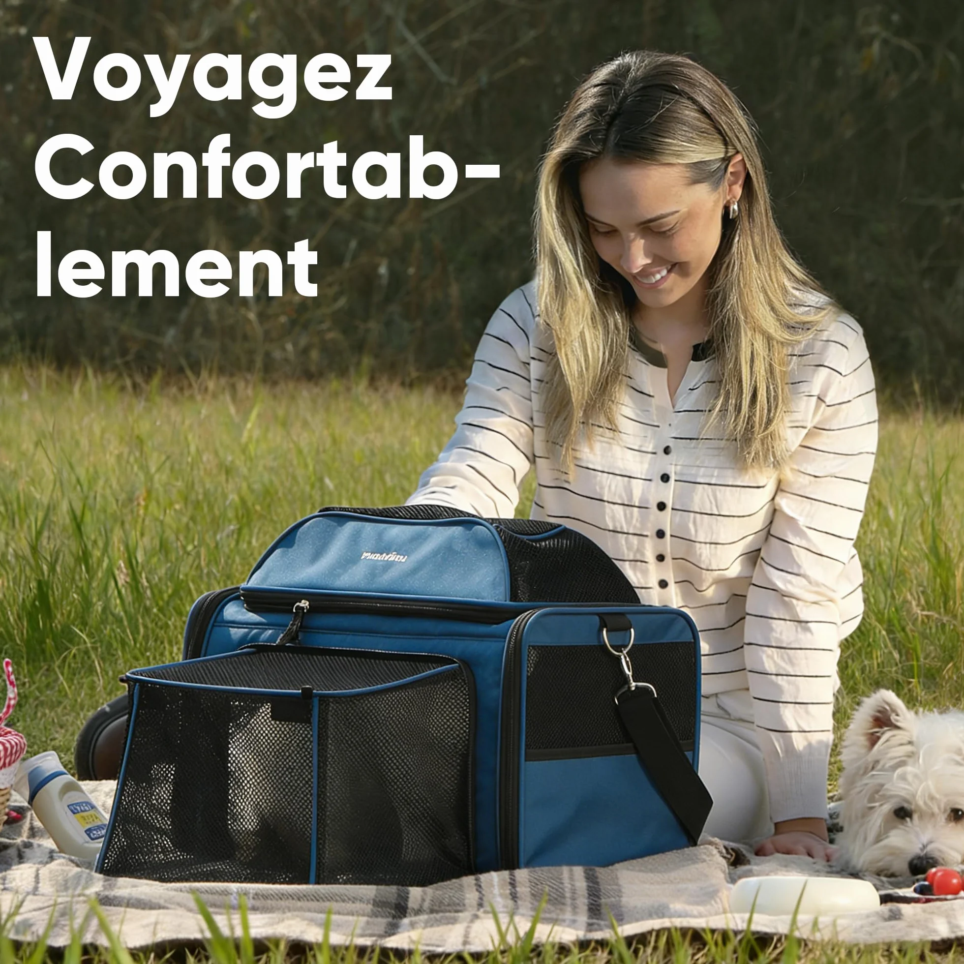 FUKUMARU Sac de Transport pour Chat, Cage de Voyage Souple et Extensible, Approuvée en Cabine, Bleu