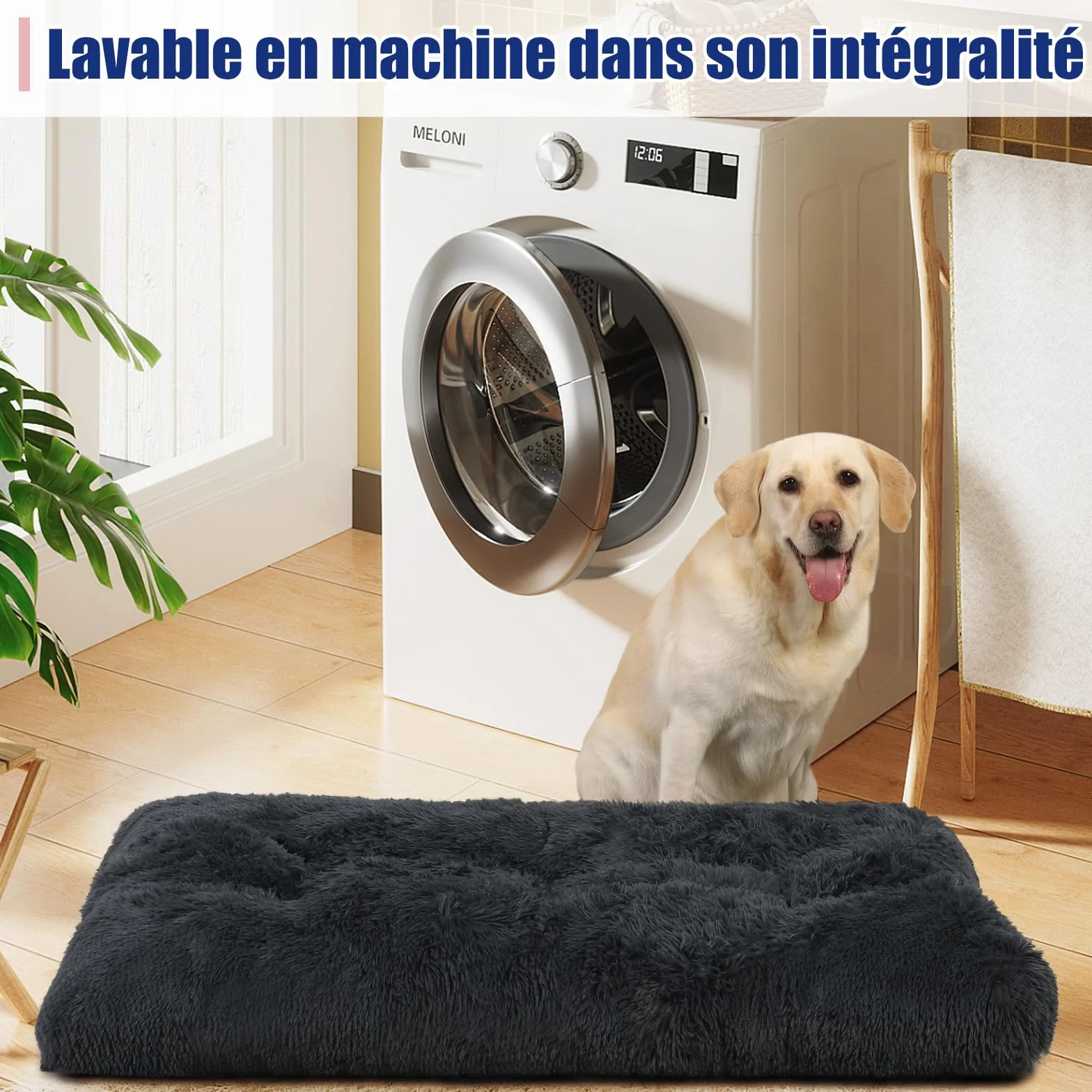 KSIIA Panier pour Chien Grande Taille XL 105x70cm Coussin Lavable Tissu Peluche Doux Base Antidérapante Tapis Matelas Lit Anti-Stress Gris Foncé
