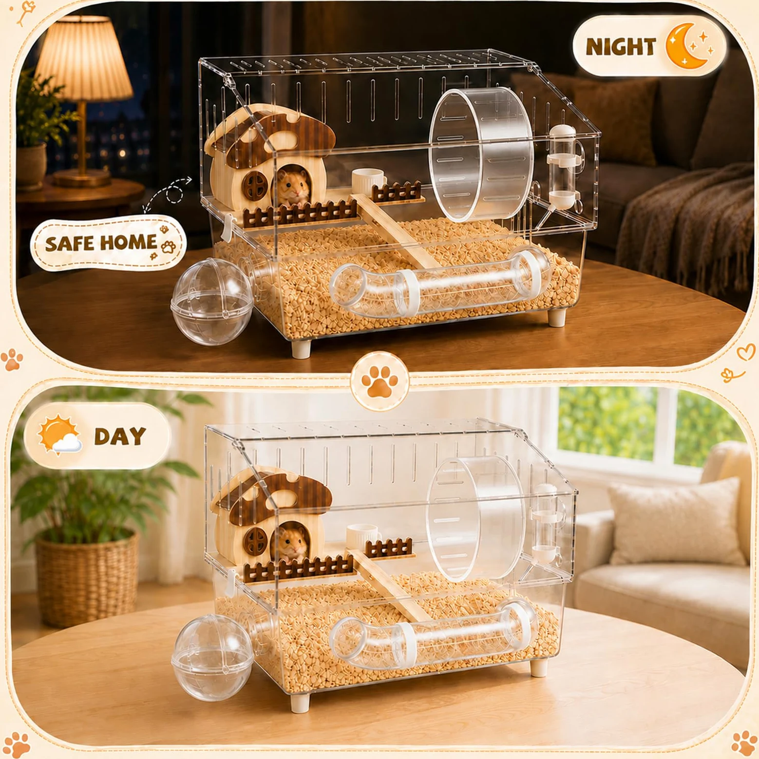 Grande cage à hamster en acrylique avec accessoires, habitat pour hamster à 2 couches avec roue d'exercice, tunnel et plate-forme, cage à souris transparente pour hamsters nains, gerbilles et petits