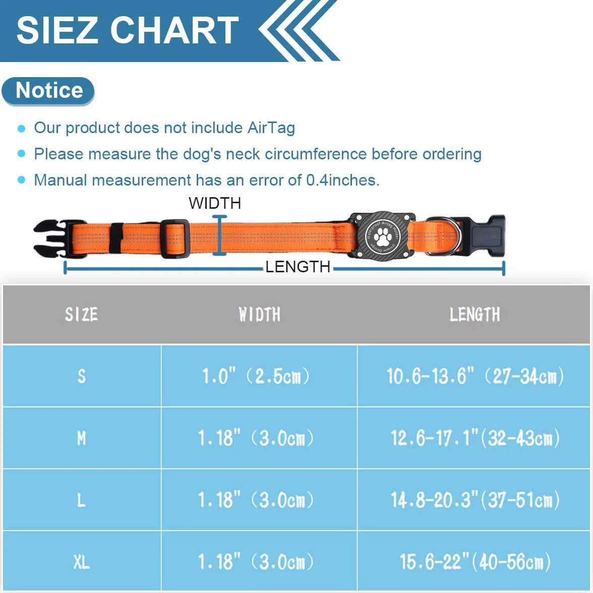 Collier Airtag pour Chien, Support Lumineux Étanche, Collier Réglable en Nylon Réfléchissant pour Apple Air Tag, Orange