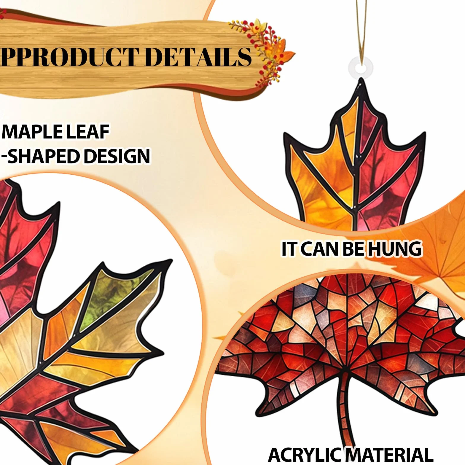 Lot de 3 feuilles d'érable en acrylique teinté - Attrape-soleil à suspendre à la fenêtre