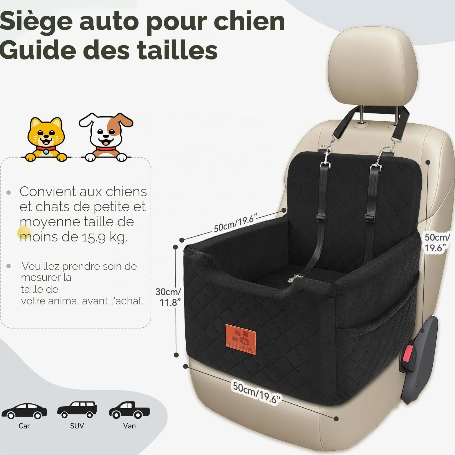GL GLENSLAVE Siège auto pour chiens de petite et moyenne taille de moins de 15,9 kg, siège rehausseur en mousse à mémoire de forme, amovible et lavable, lit pour chien avec 2 ceintures de sécurité