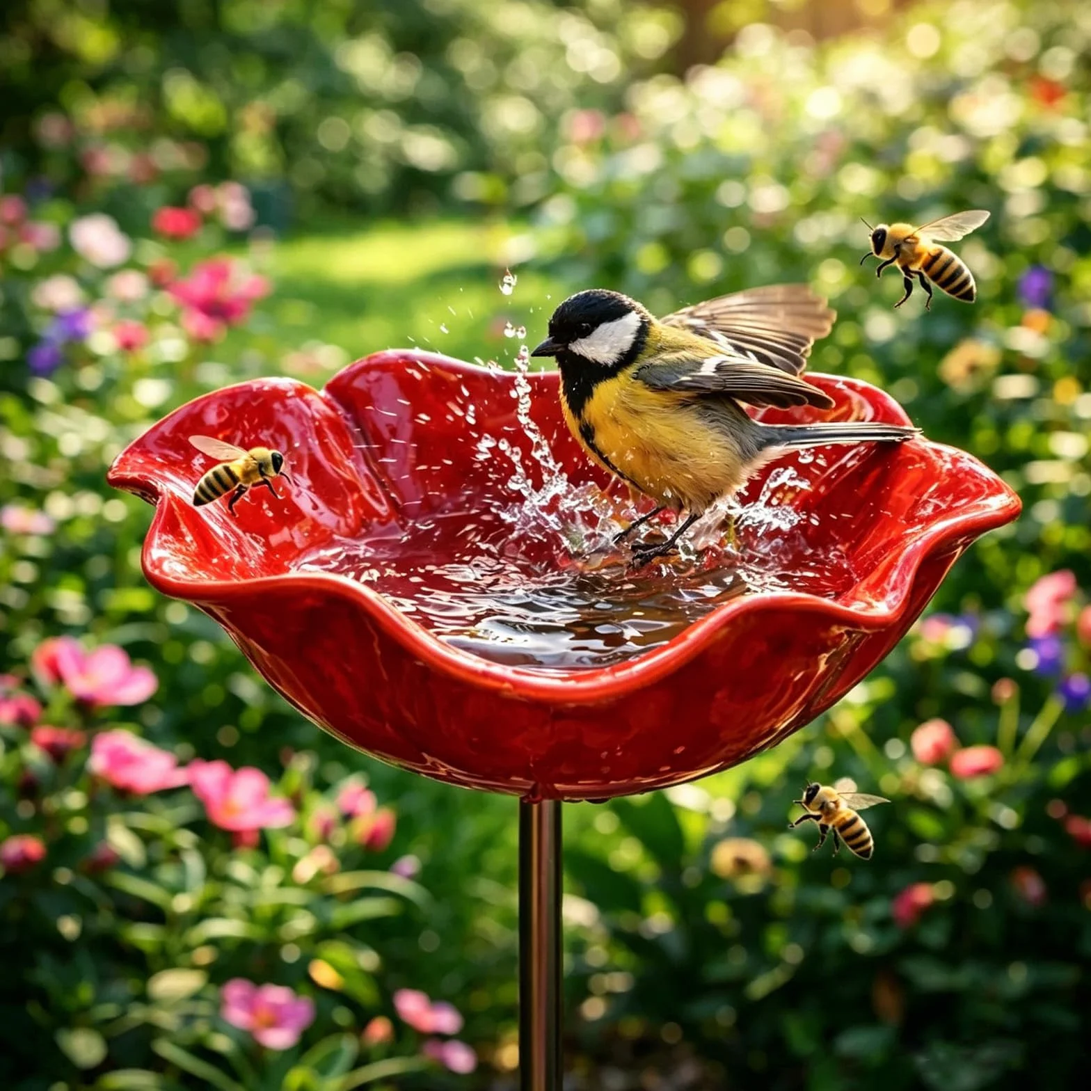 Bain d'oiseaux Abreuvoir Abeilles en Métal Motif Fleur Extérieur Résistante Intempéries Jardin Décoration (Red)
