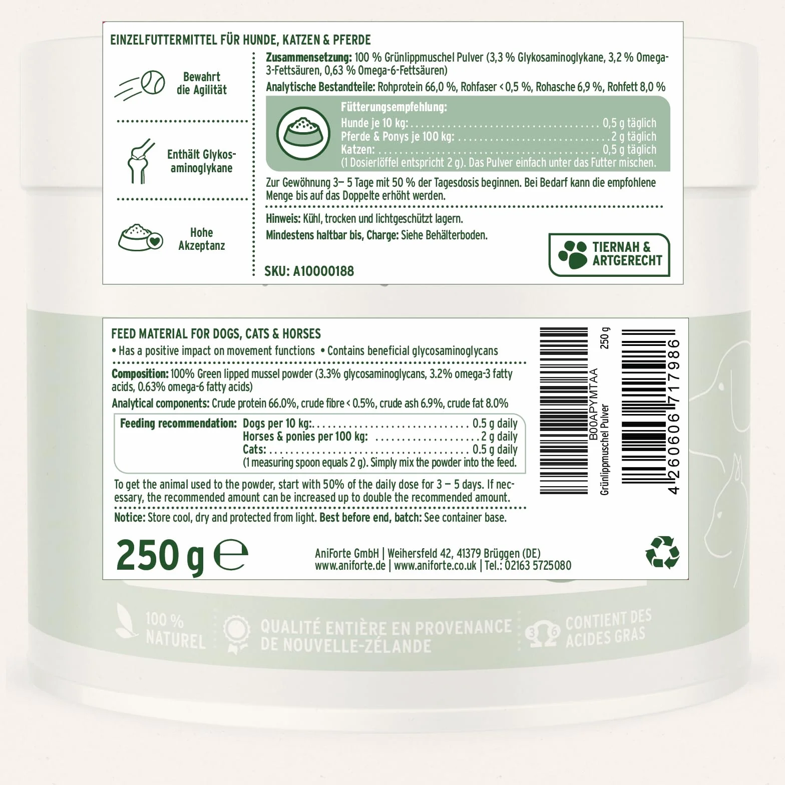 AniForte Poudre de Moules aux Orles Vertes 250 g pour Chiens & Chats – Soutien des Articulations