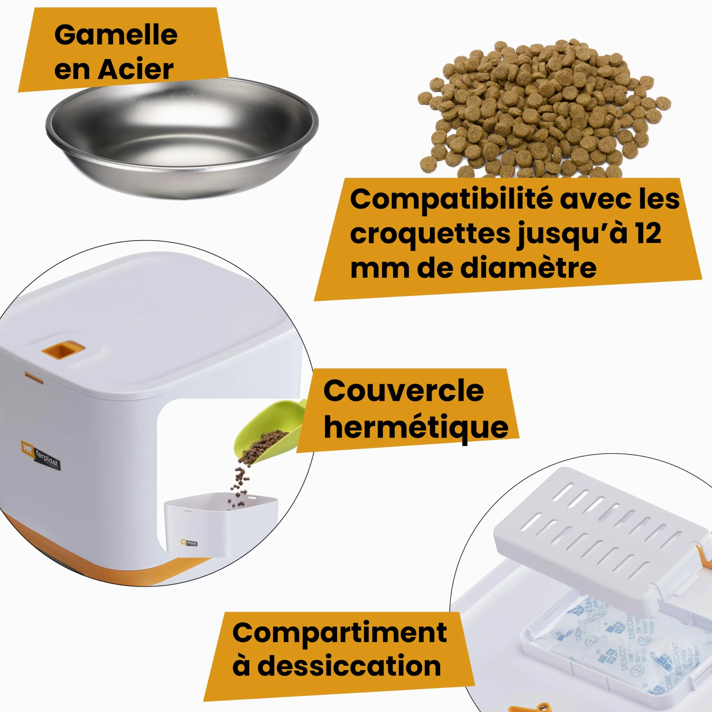 Ferplast Distributeur Croquettes Chat Automatique Risto Pet Smart Gamelle Croquettes Chien 6 L, Contrôle Via APP, Caméra Vision Nocturne, Microphone, Enregistreur Vocal, Acier Inoxydable