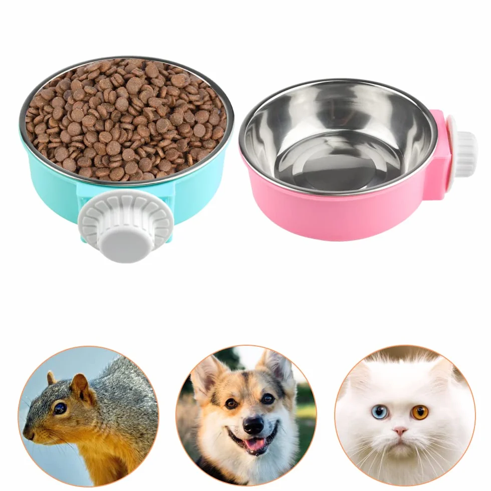 Gamelles Amovibles en Acier Inoxydable à Suspendre pour Animaux de Compagnie, Lot de 2 (Rose + Bleu)