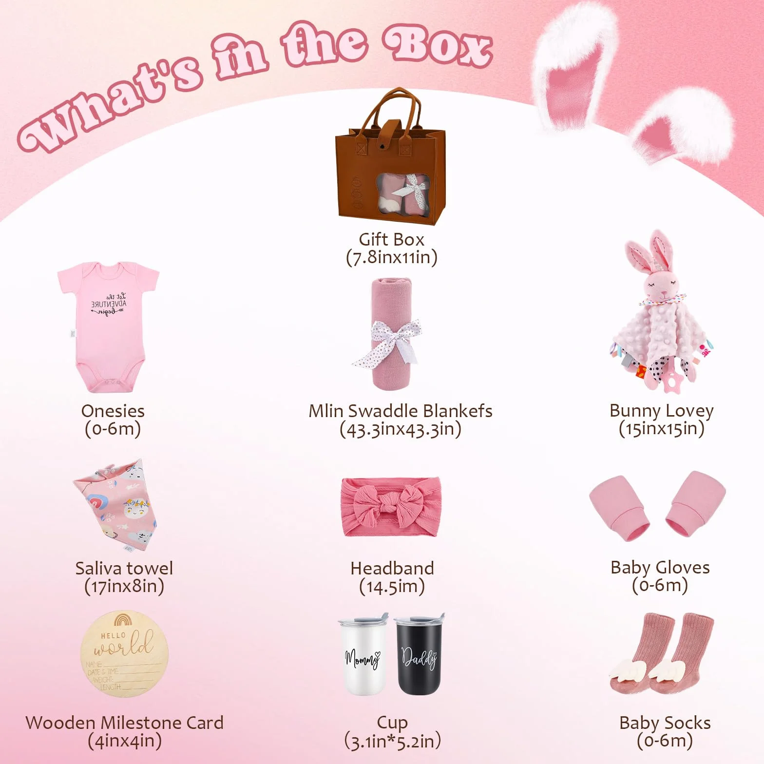 Coffret Naissance 13 en 1 Cadeau Bébé avec Grenouillère Doudou Tasse Couverture Bavoir Chaussettes Gants pour Filles