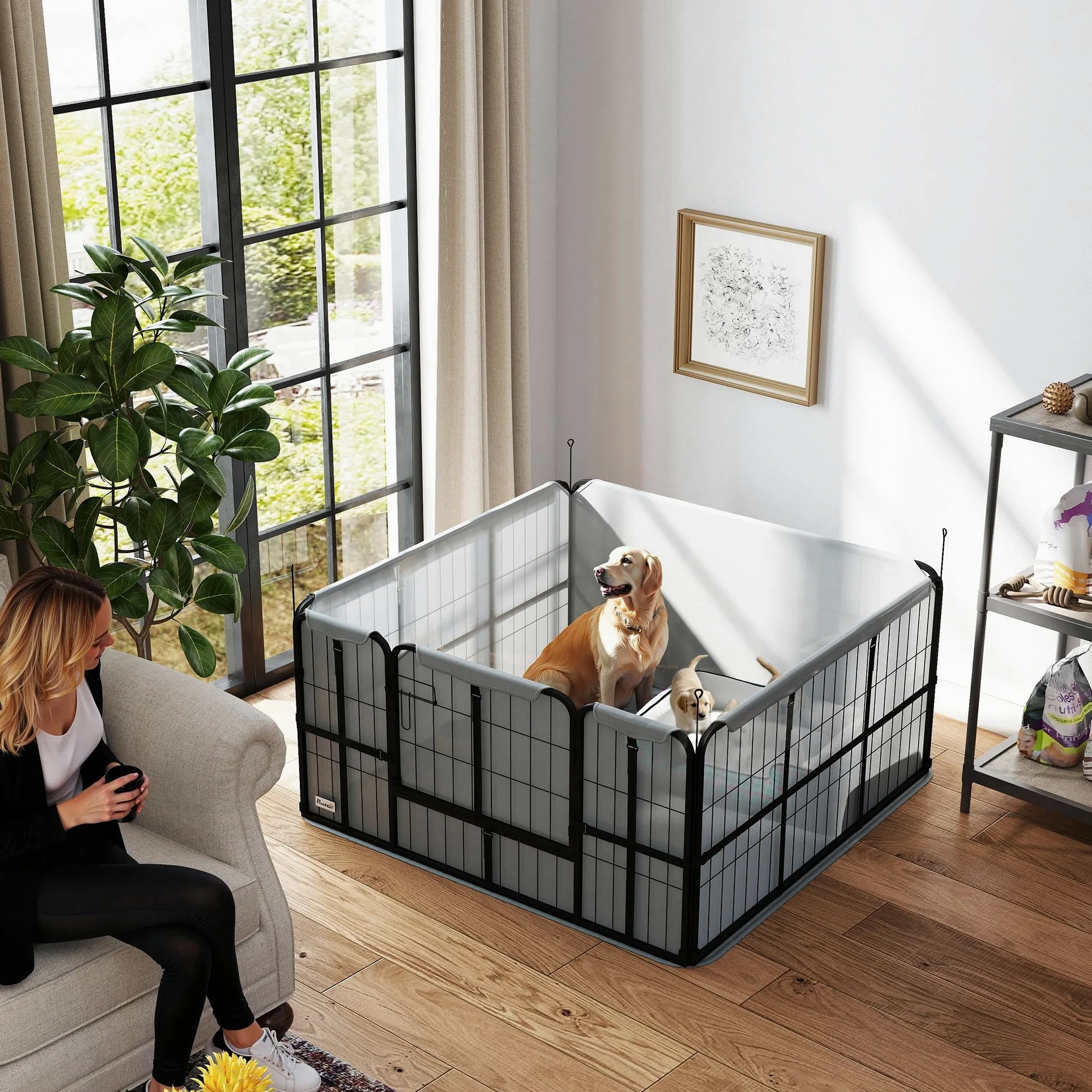 PawHut Parc de Mise Bas pour Chien, Caisse de Mise Bas pour Chiens, avec Porte verrouillable, Tissu Oxford 600D, Tapis de propreté Lavable, enclos Chien, en Acier, 122 x 122 x 60 cm, Noir | Caisse de Mise Bas, Porte Verrouillable, Tissu Oxford 600D, Tapis