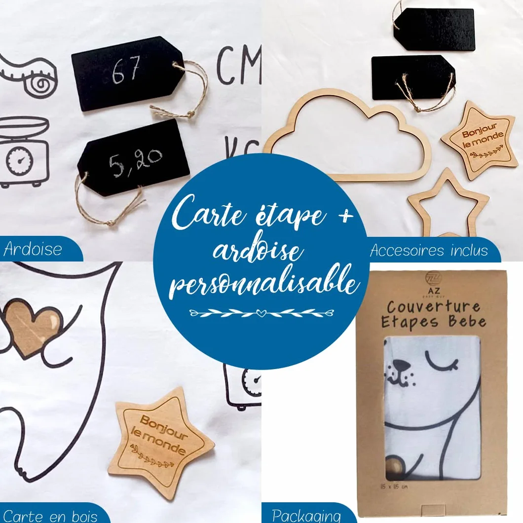 Couverture étape bébé personnalisée avec carte en bois - tapis mois photos - coffret cadeau naissance - thème étoile