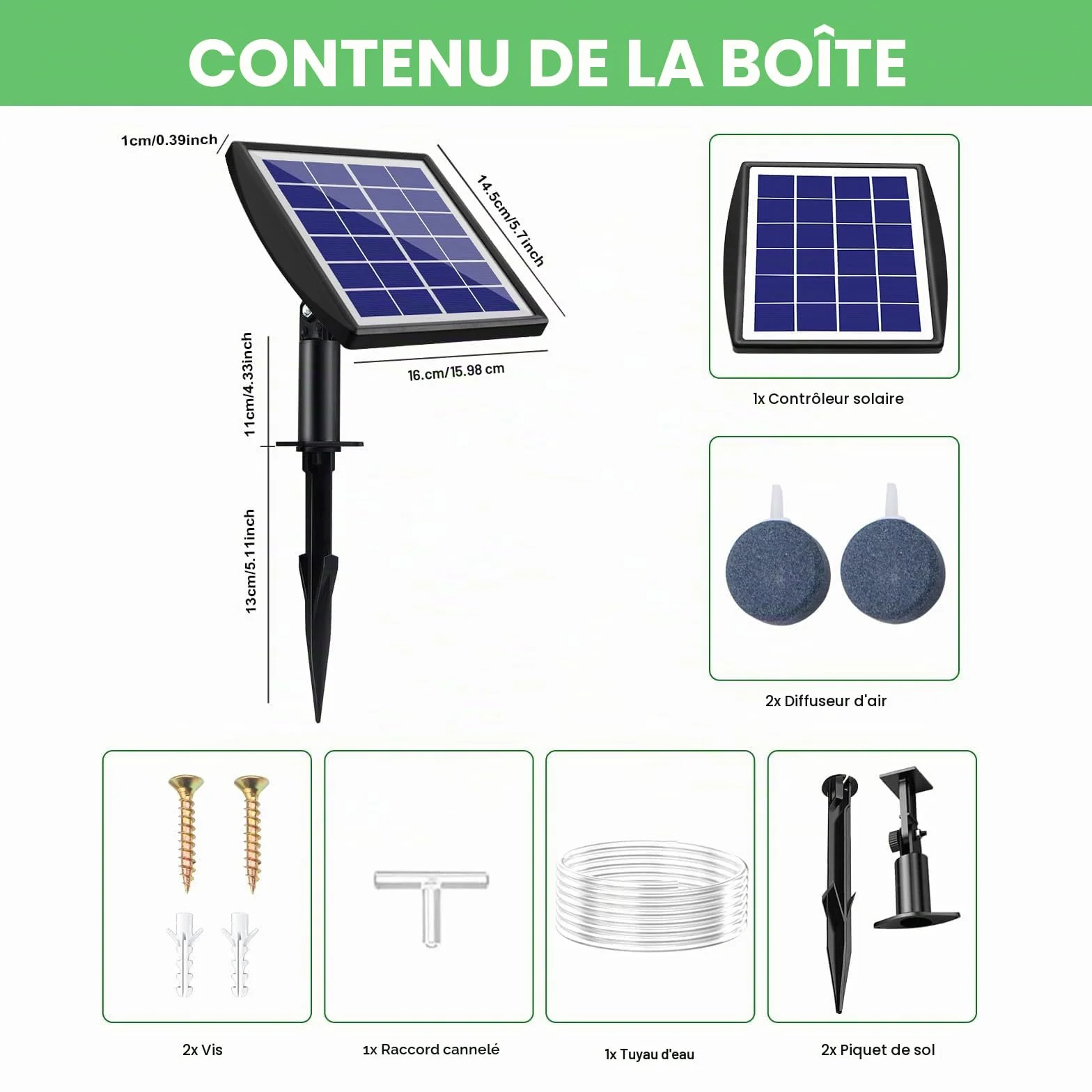 Pompe à air solaire 2 W avec batterie de secours 2200 mAh pour bassin aquarium étang