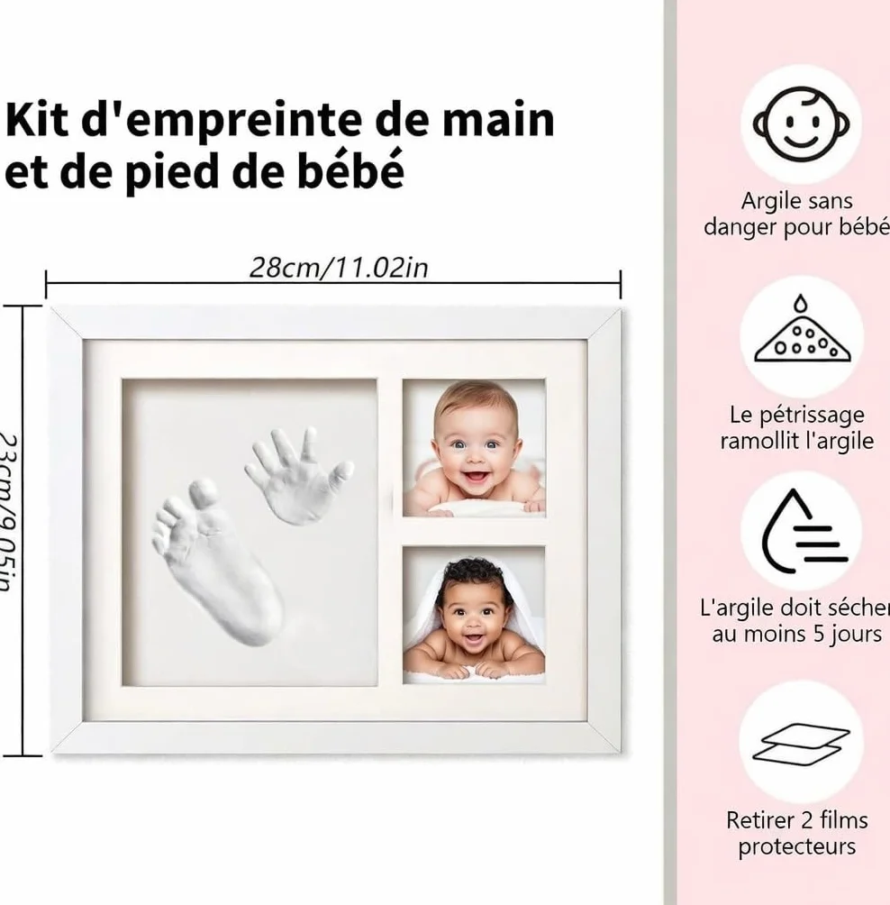 Kit Empreinte Bébé avec Cadre Bois – Empreinte Main et Pied Bébé Argile – Cadeau Baby Shower Naissance