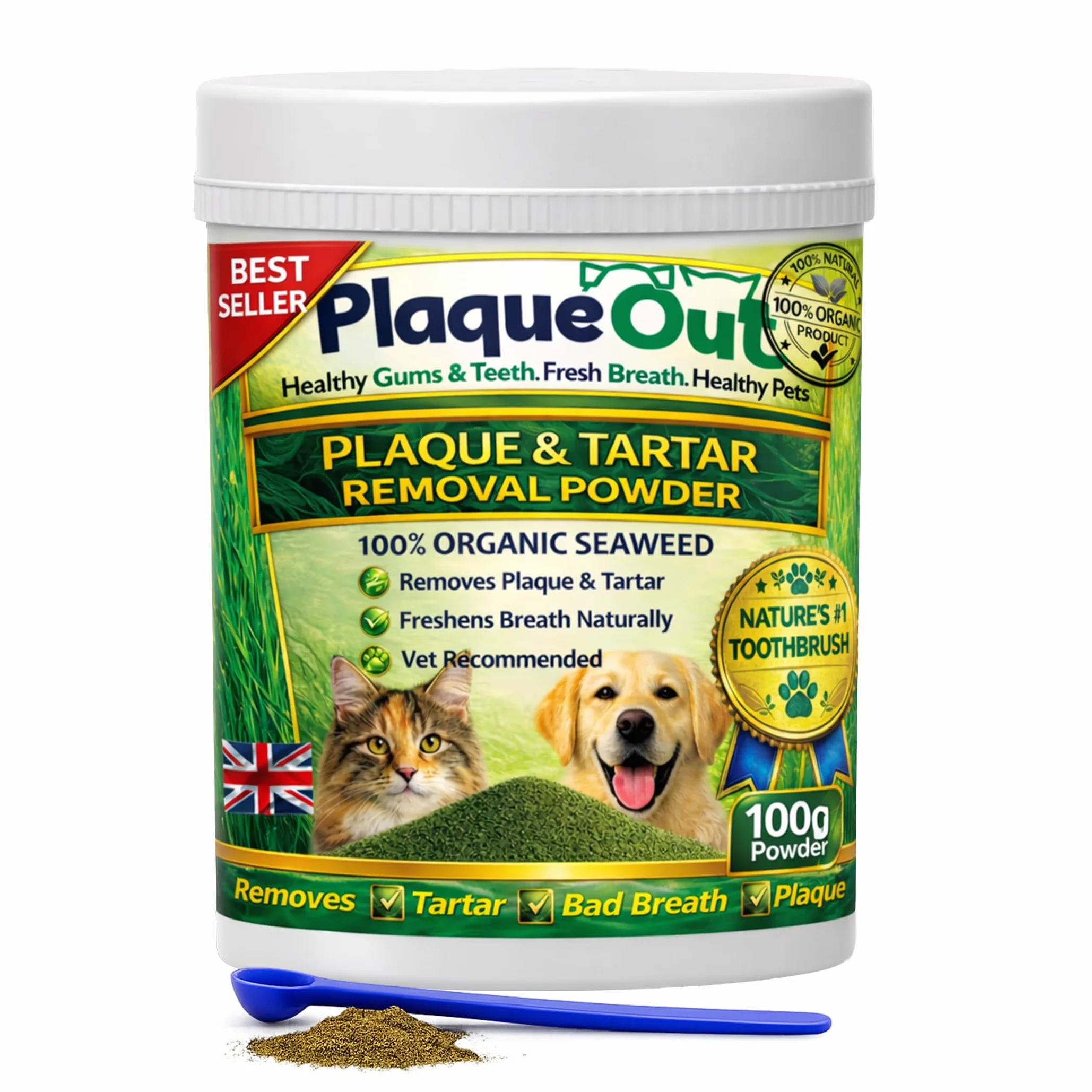 Plaque Out – Produit permettant d’éliminer la plaque dentaire et le tartre chez les chiens et les chats - Livraisons gratuite- Pot de 100g - Multi-Mite ®