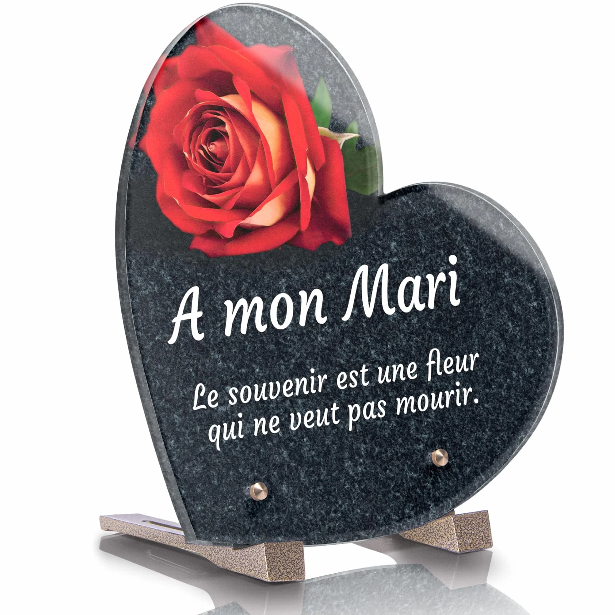 Plaque Funéraire Coeur Personnalisée Rose Granit 21x21 cm Résistante aux Intempéries Anti UV