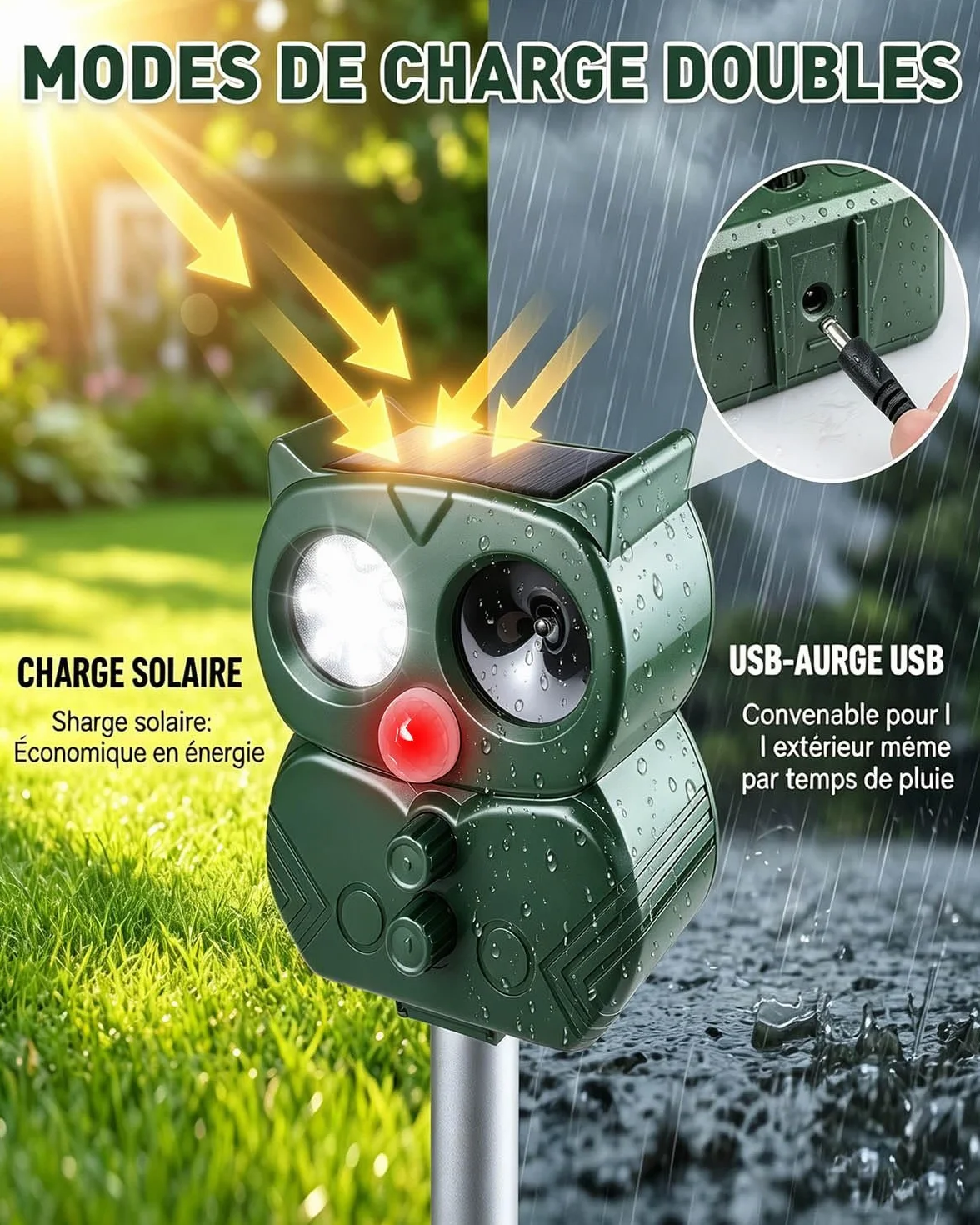 Répulsif Chat Extérieur Ultrason Solaire & USB, 5 Modes Réglables, IP65 Étanche pour Jardin Terrasse