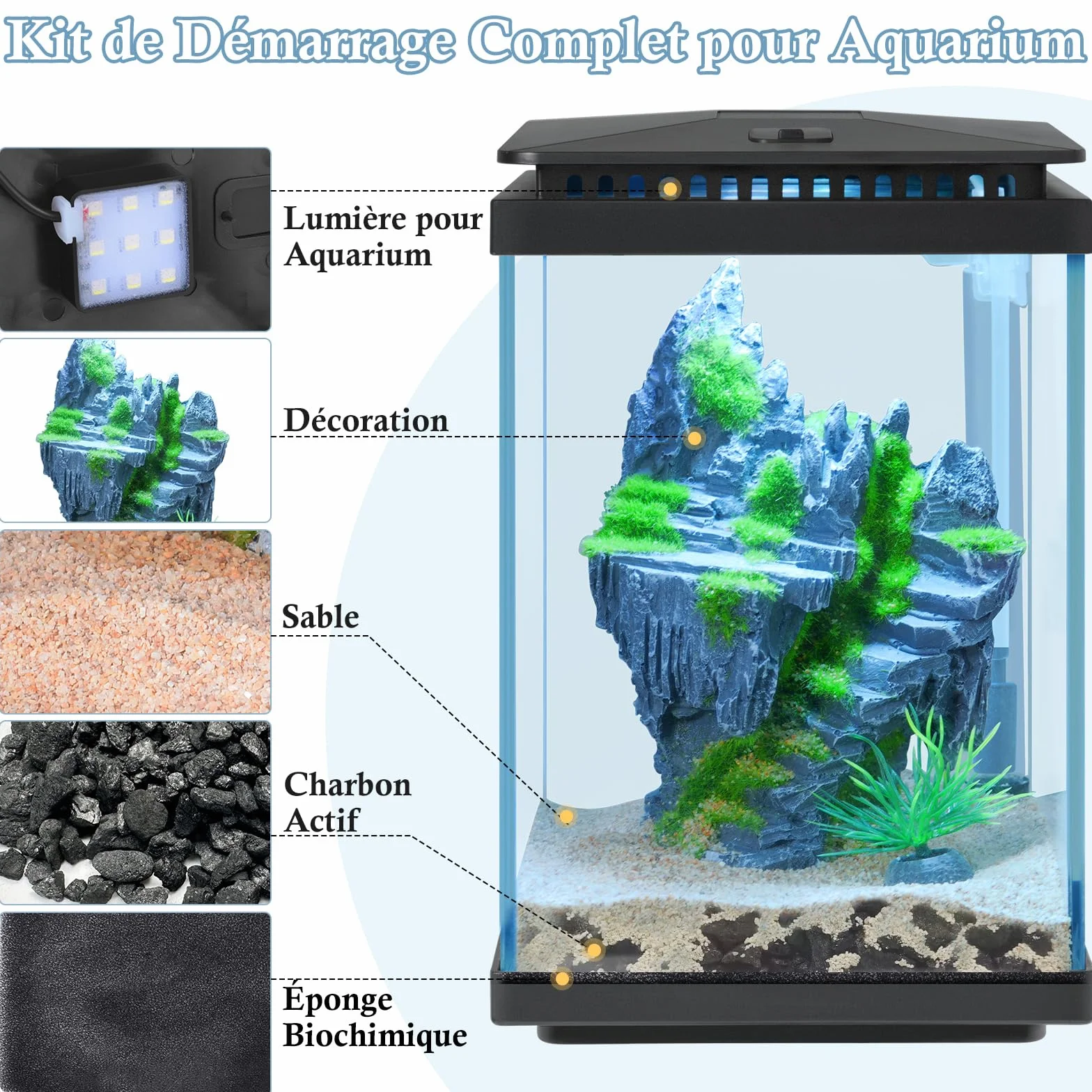 Kit Aquarium en Verre 4L, Réservoir Betta avec Pompe à Air et LumièRe LED