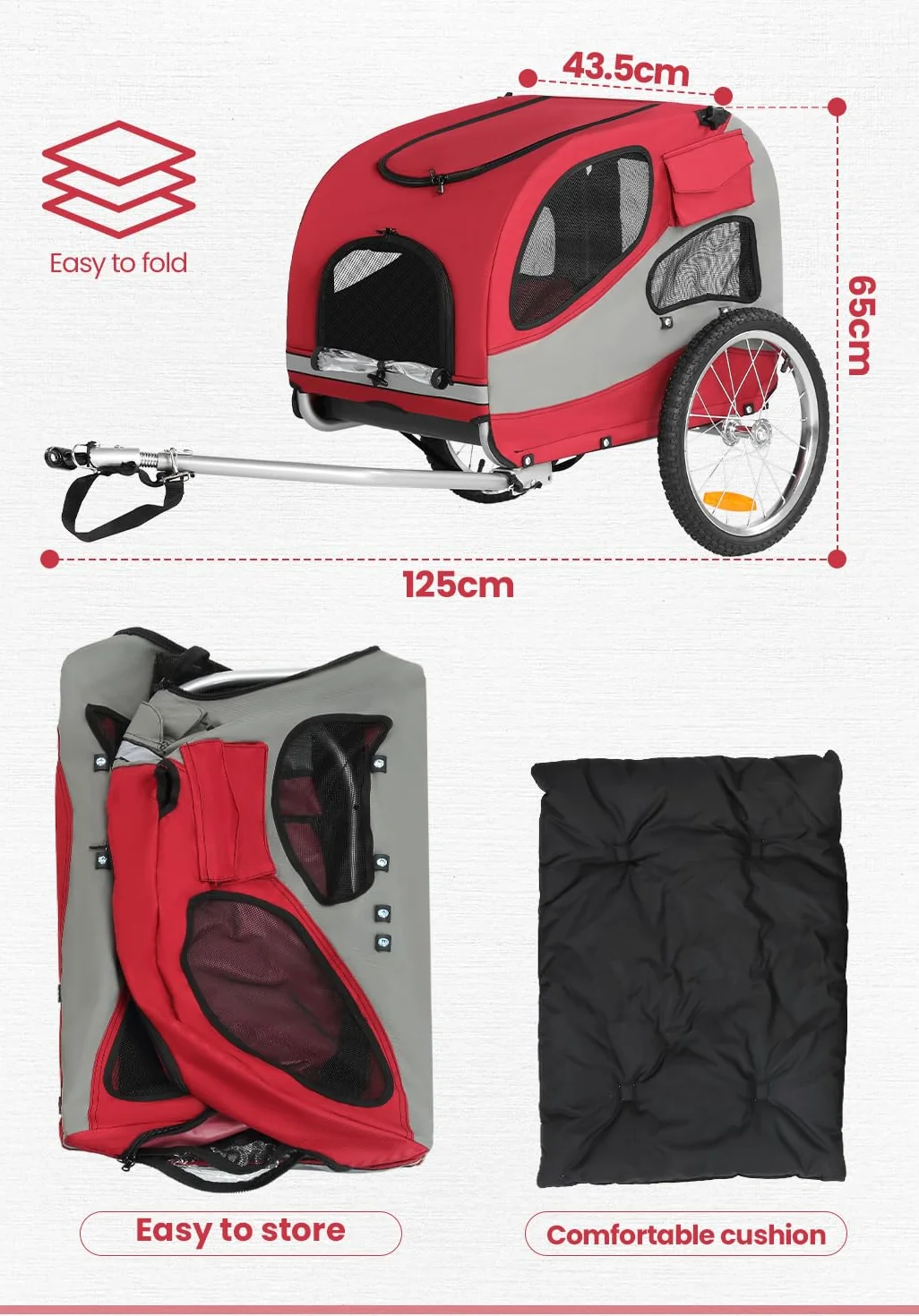 Sepnine Remorque de Vélo pour Chien M Pliable 30 kg Rouge avec Réflecteurs de Sécurité