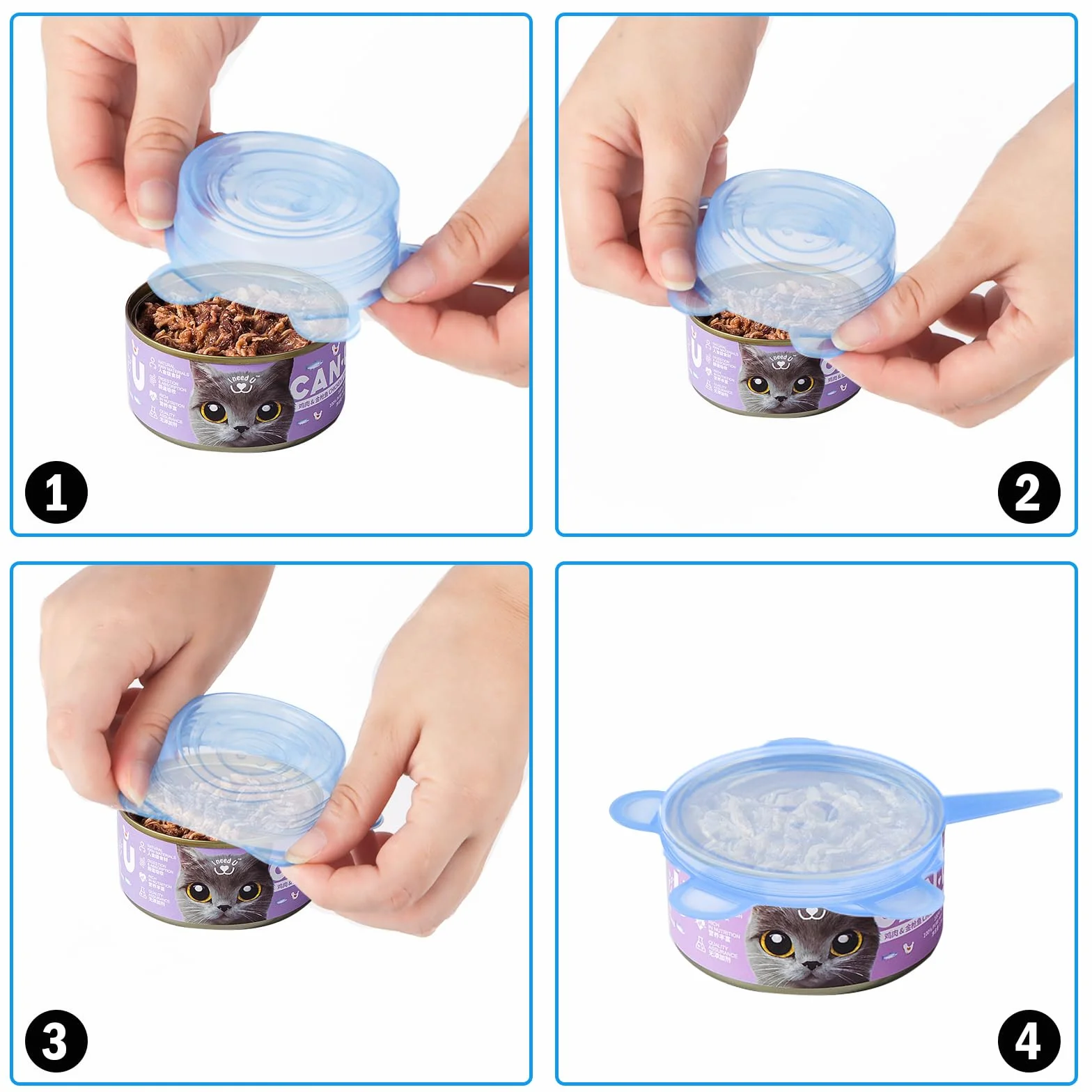 AKONE Lot de 6 couvercles de boîtes de nourriture pour chat - Couvercle en silicone extensible - 400 g / 200 g / 85 g - Pour la plupart des boîtes pour chats