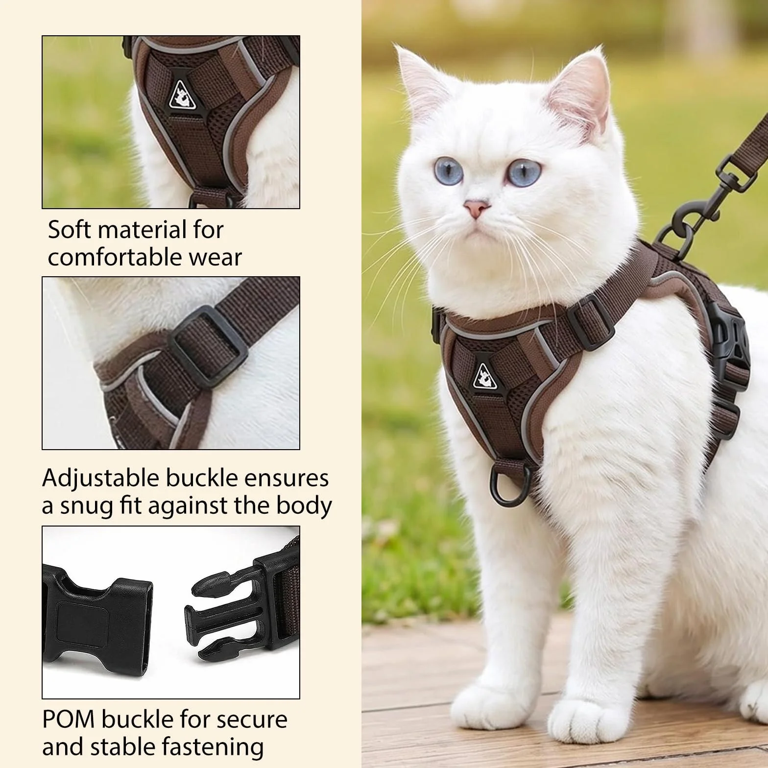 Harnais pour Chat avec Laisse Anti-éclatement, Laisse Réglable en Maille Respirante, Gilet de Sécurité Souple avec Bandes Réfléchissantes pour Chats (Café-M)