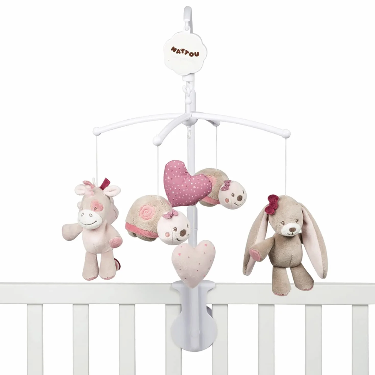 Nattou Mobile avec boîte à musique Nina, Jade et Lili, berceuse souple La-Lu, 48 x 7 x 15 cm, beige/rose/blanc