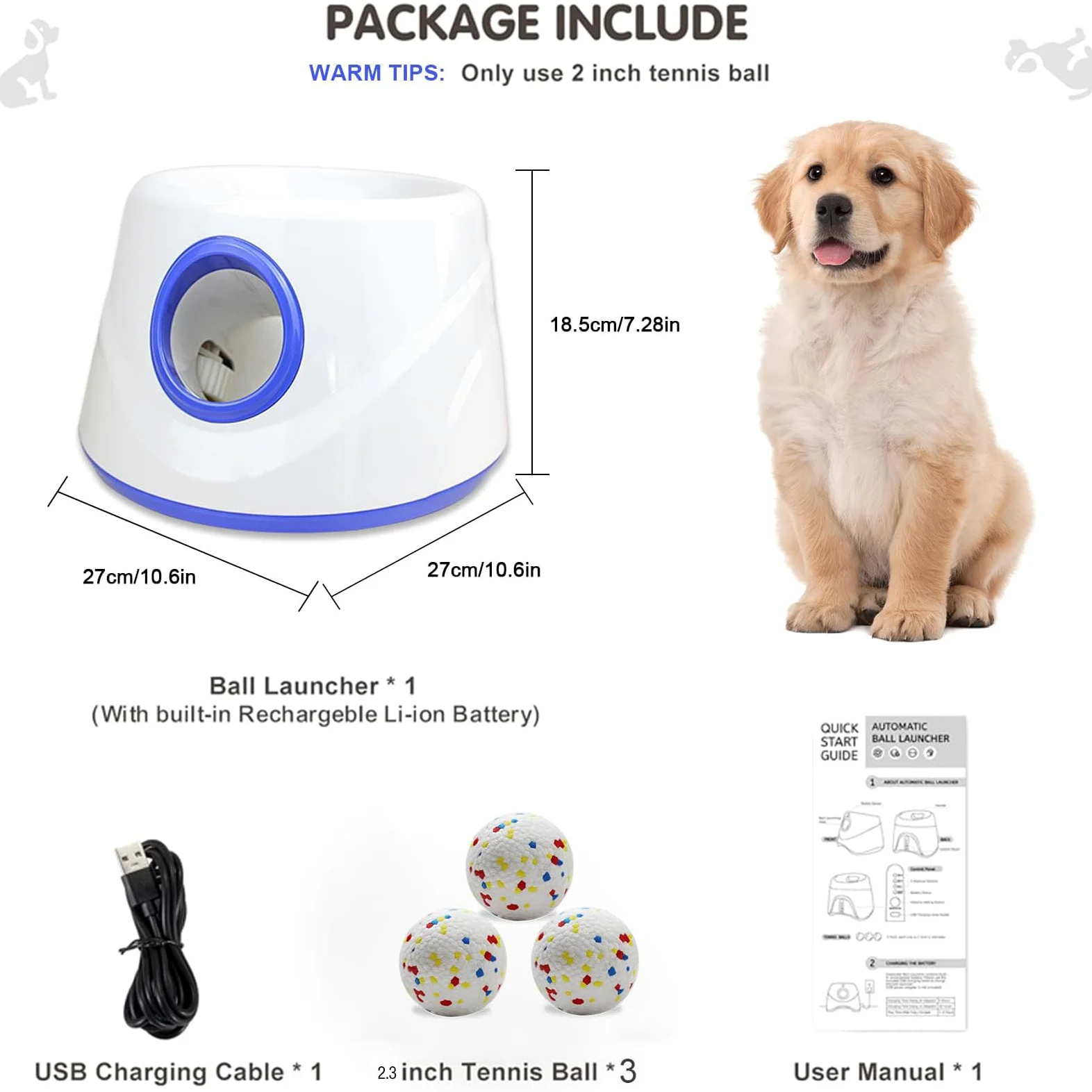 Lanceur de balles automatique pour chien pour intérieur et extérieur, paramètres de distance réglables, batterie rechargeable, jouet interactif intelligent pour chiens de petite, moyenne
