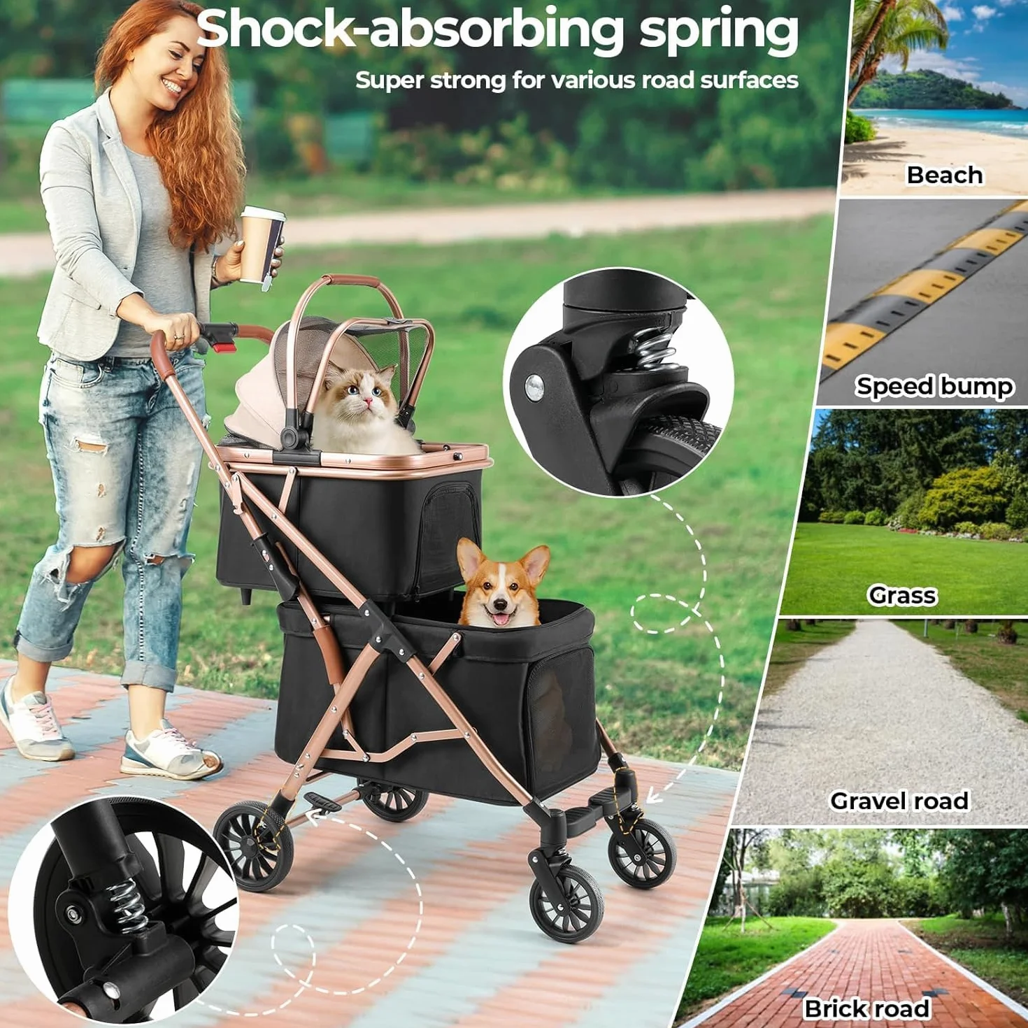 MAMIZO Poussette Double pour Chien, Pliable Poussette pour 2 Animaux Jusqu'à 15 kg, Transporteur pour Chats avec Coussins et Porte-gobelet, sac de Transport pour Cage pour Chien, 4 PCS Roues, Noir