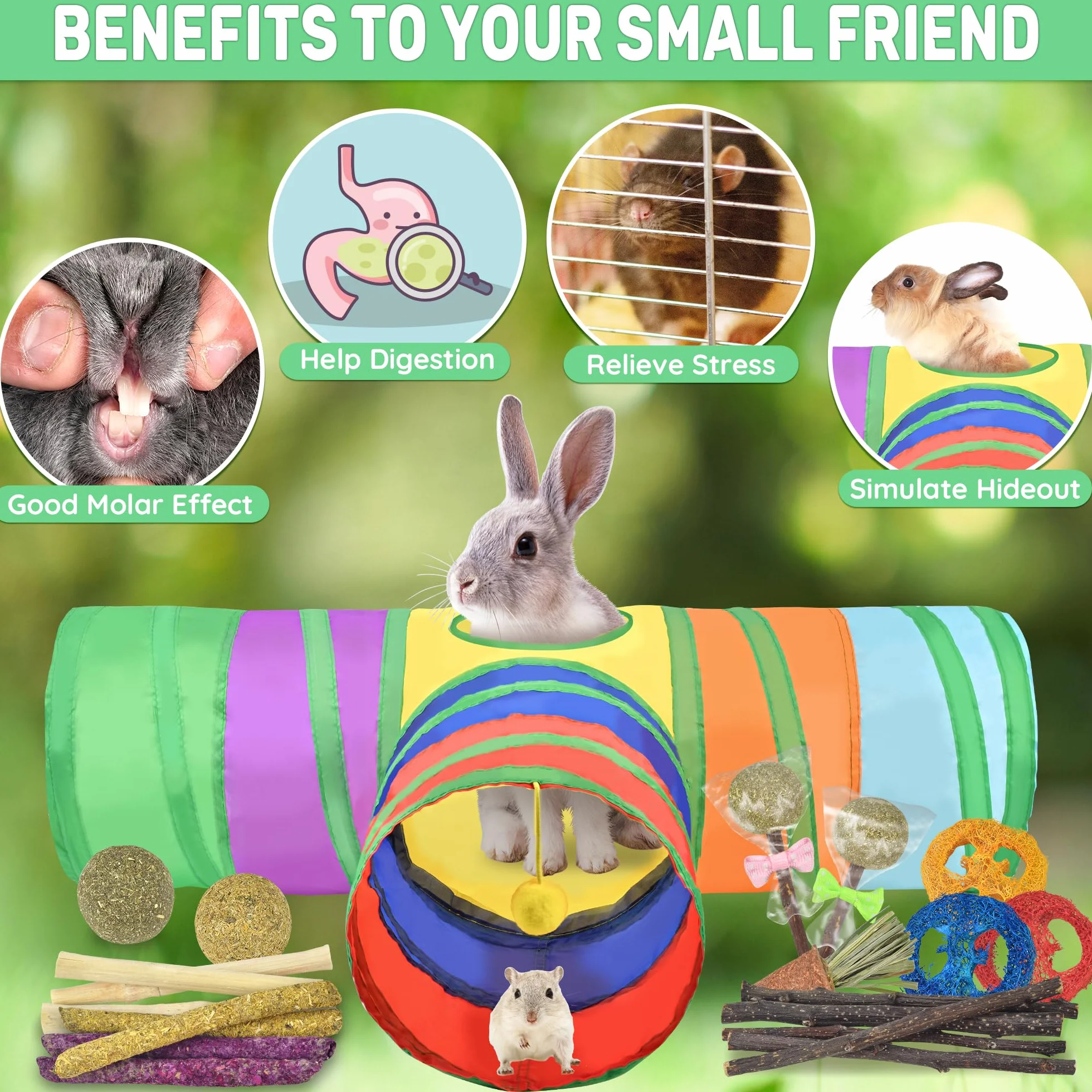 Jouets naturels pour Lapin 26-en-1 avec Tunnel Pliable, Jouets à mâcher et Cachettes pour Petits Animaux