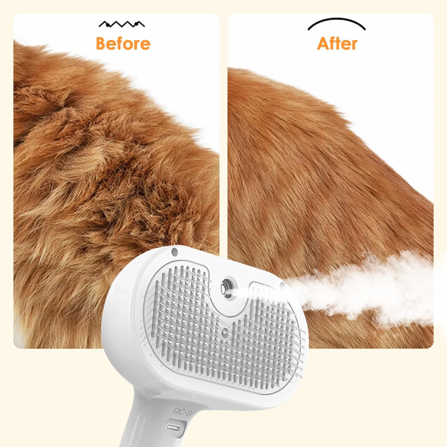 Brosse à vapeur 3-en-1 pour chien et chat avec vapeur froide et embouts en gel, démêlage douce pour poils perdus, réservoir d'eau