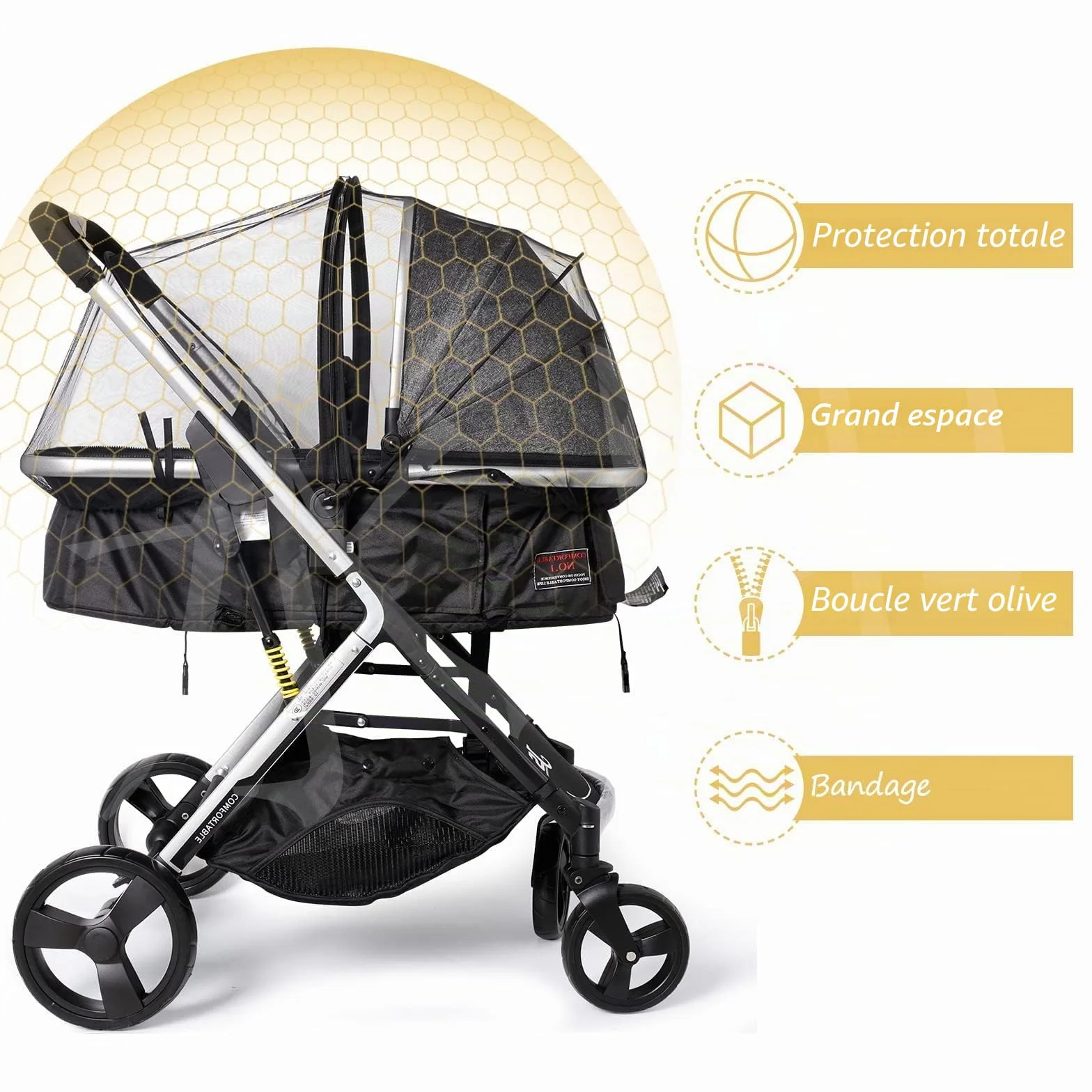 Moustiquaire Poussette Landau Universelle Double Fermeture Éclair Tiges Support Filet Anti-Insectes Résistant Déchirures Bébés Enfants Moustiques