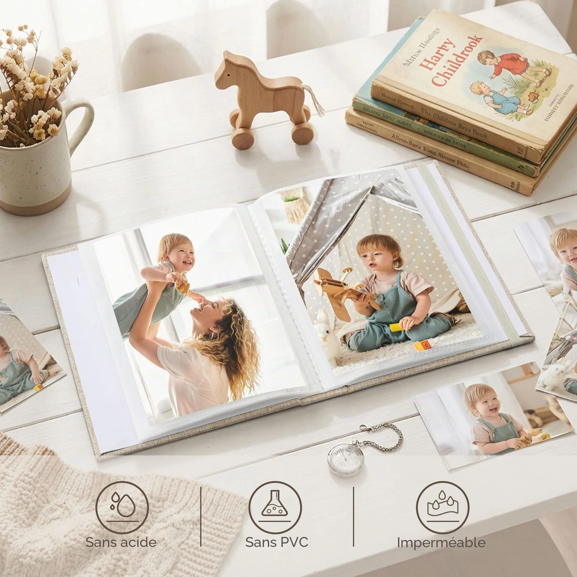 Petit Album Photo 10x15 cm, 2 Paquets Mini Albums Photos avec Fenêtre Personnalisée, Couverture en Lin, 26 Poches 52 Photos, Beige